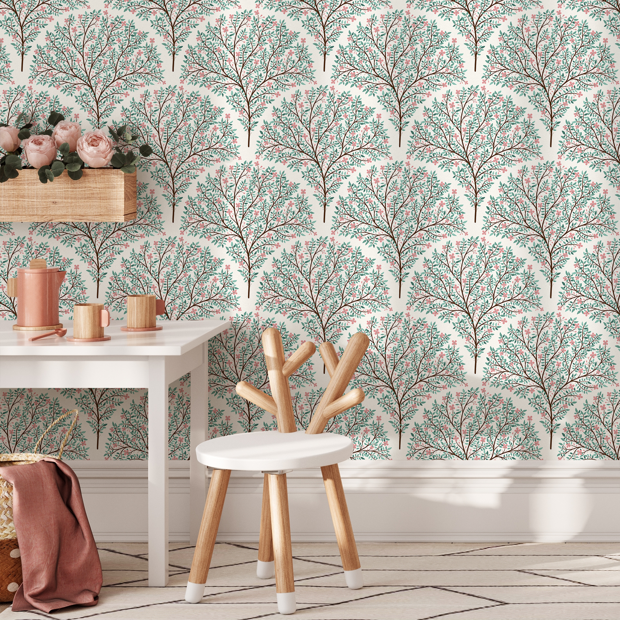 Botanical Wallpaper With A Blossoming Tree Motif In Green, Pink, And Brown - C809