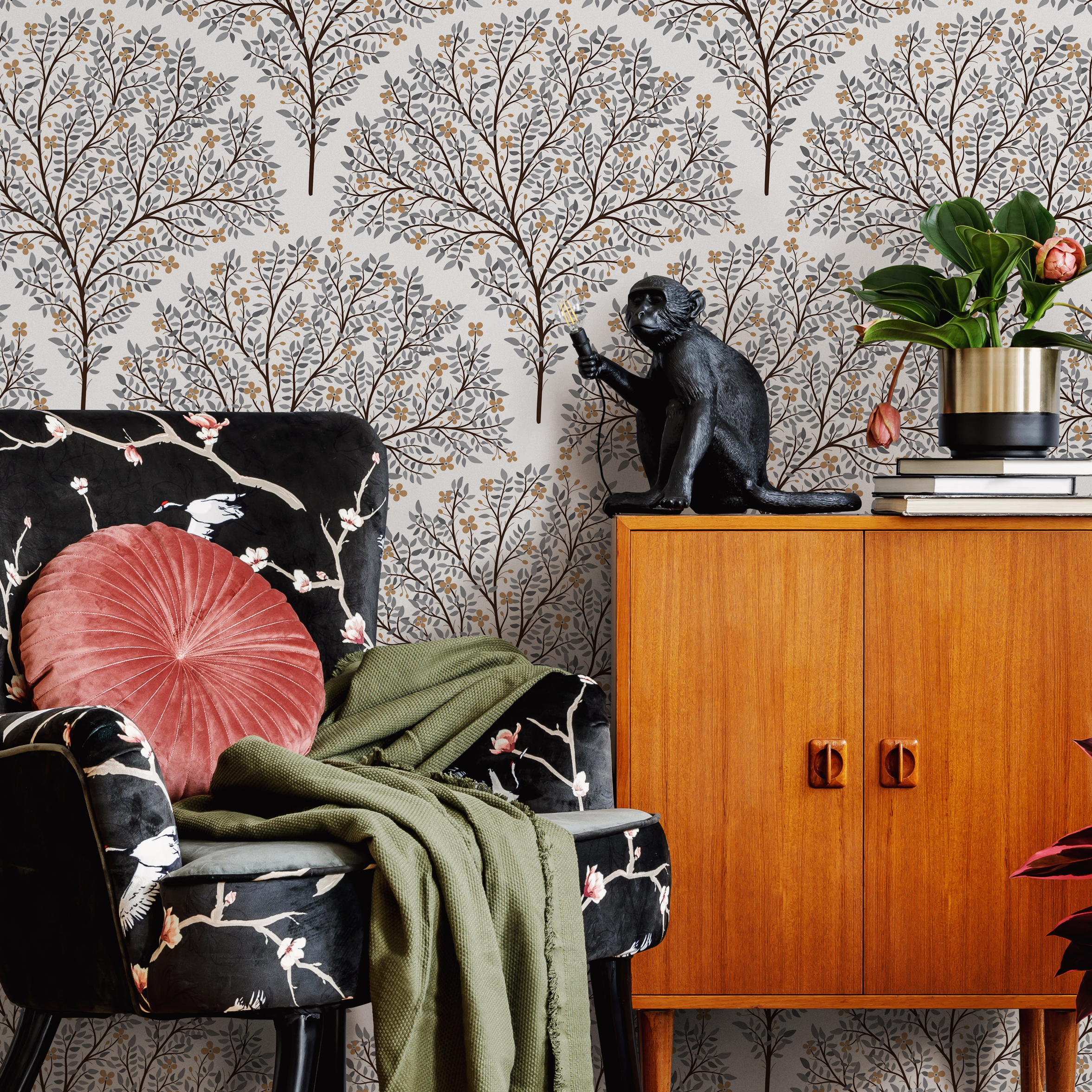 Tree Wallpaper Featuring Stylized Flowering Trees In Brown, Gray, And Yellow - C810