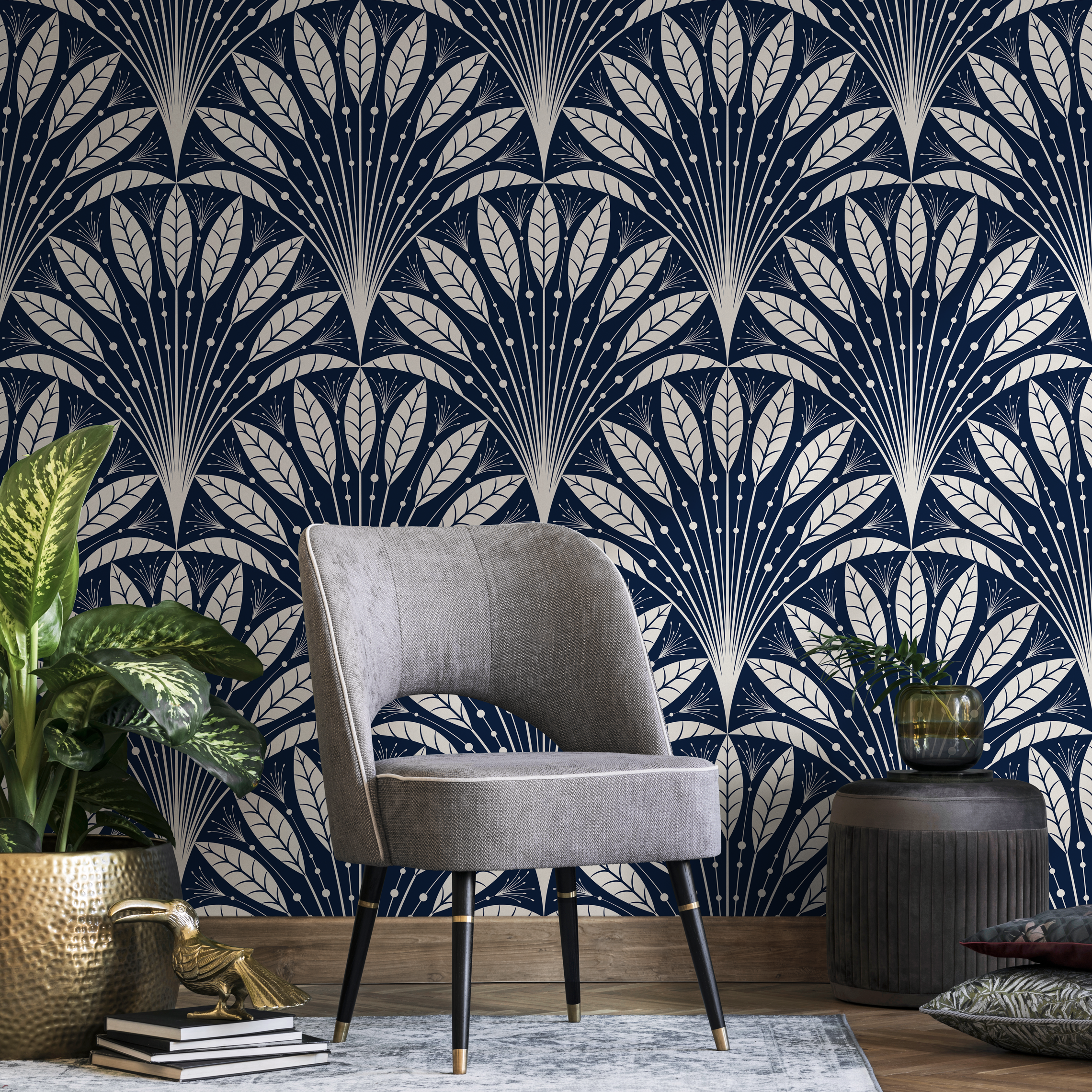 Art Deco Wallpaper With A Stylized Fan Motif In Navy Blue And Cream - C815