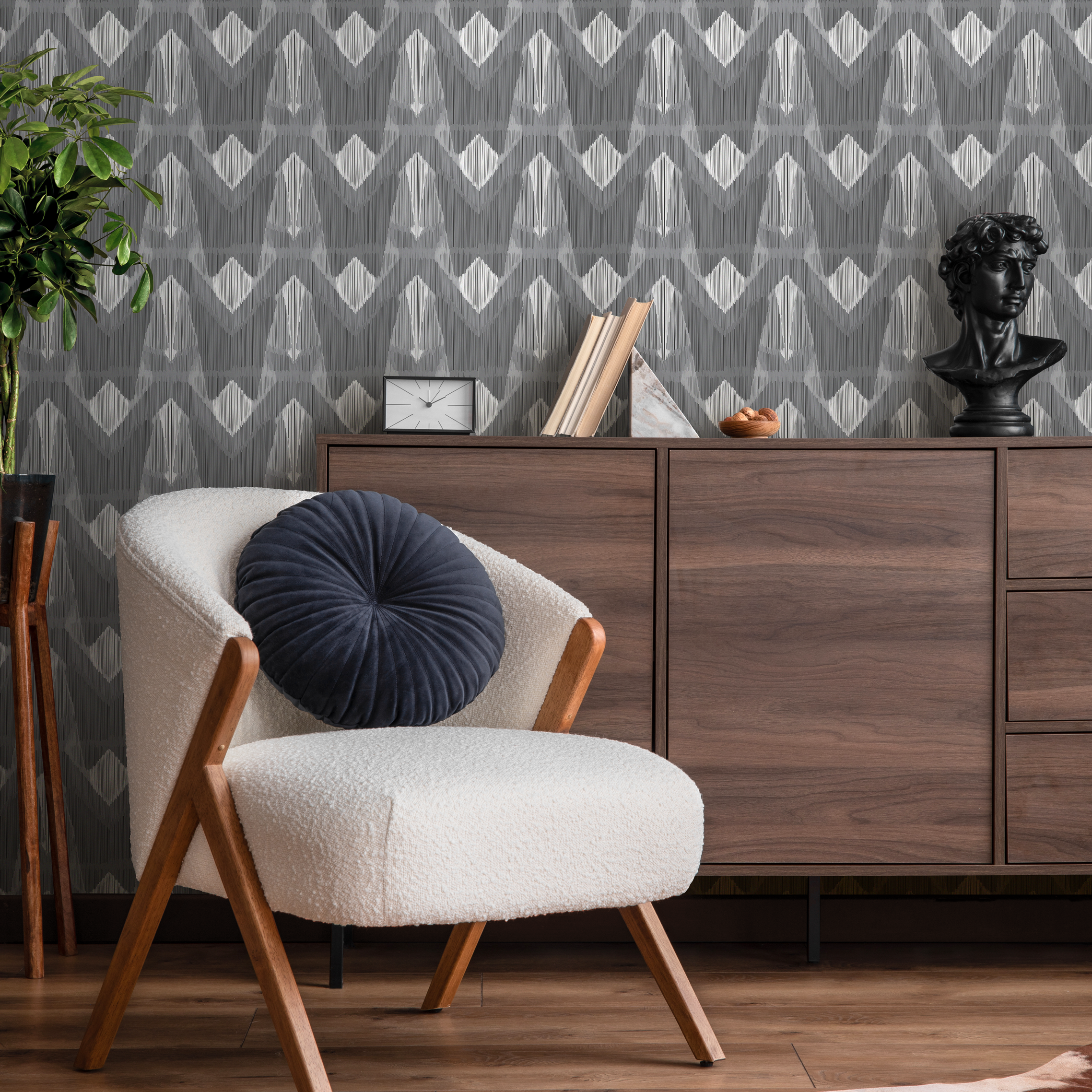 Abstract Wallpaper With A Sketched Geometric Motif In Gray And White - C816