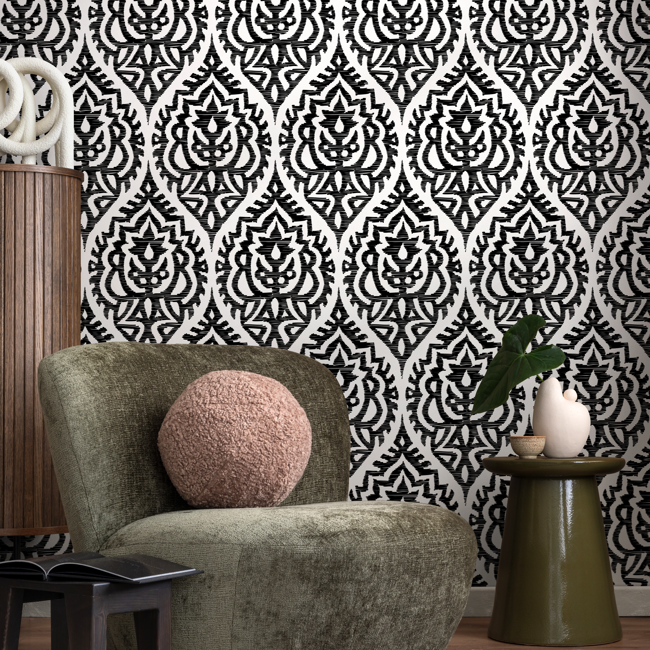 Moroccan Wallpaper With A Bold Ikat Motif In Black And White - C818
