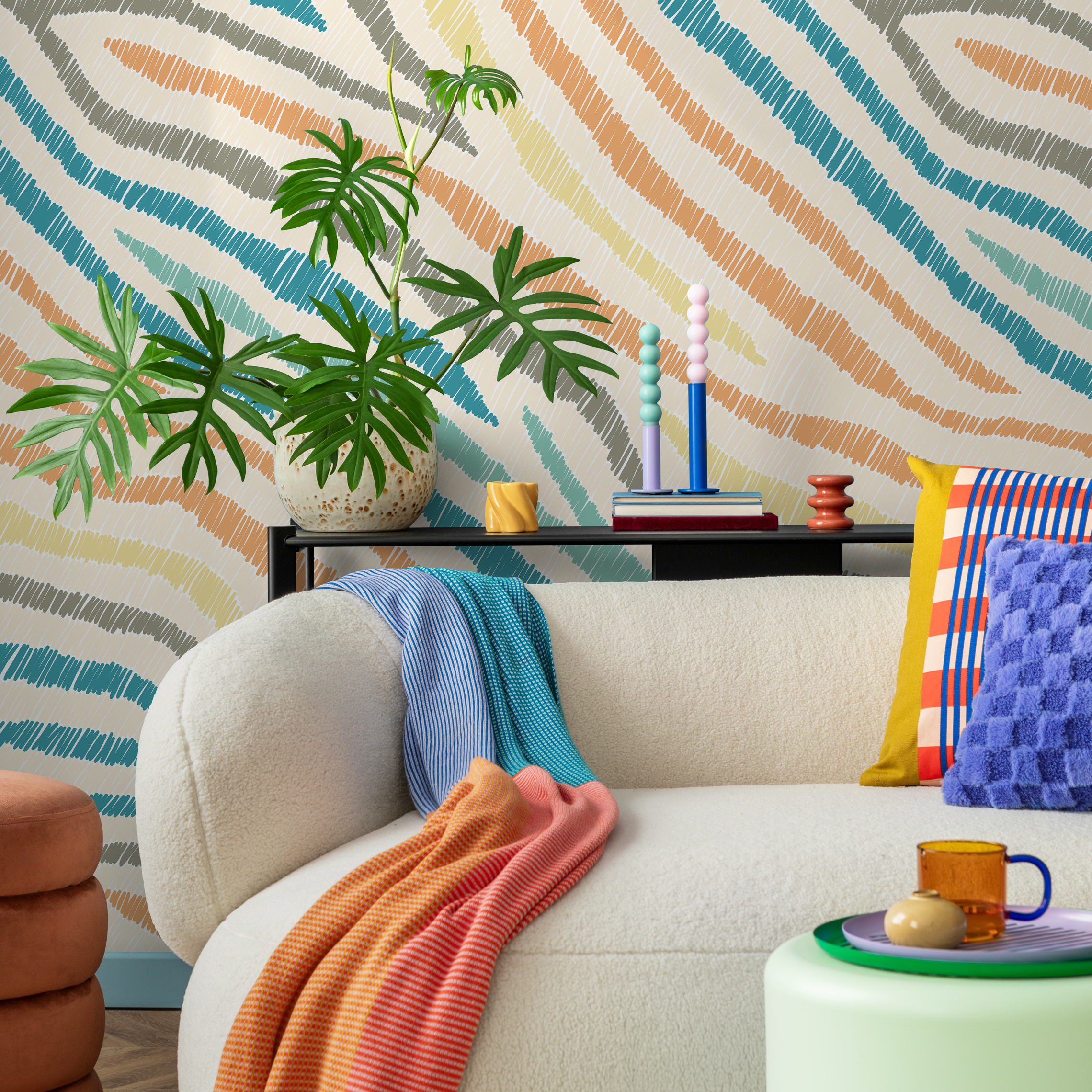 Abstract Wallpaper With Scribbled Wavy Lines In Blue, Orange, And Yellow - C819