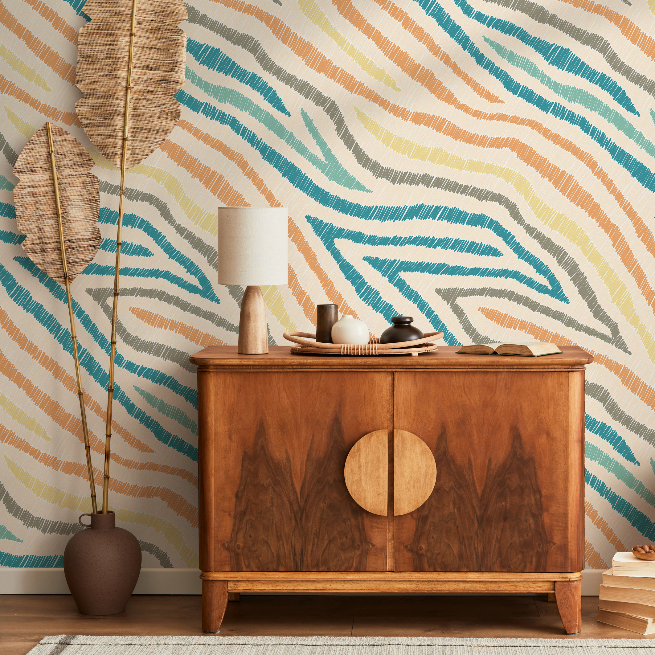 Abstract Wallpaper With Scribbled Wavy Lines In Blue, Orange, And Yellow - C819