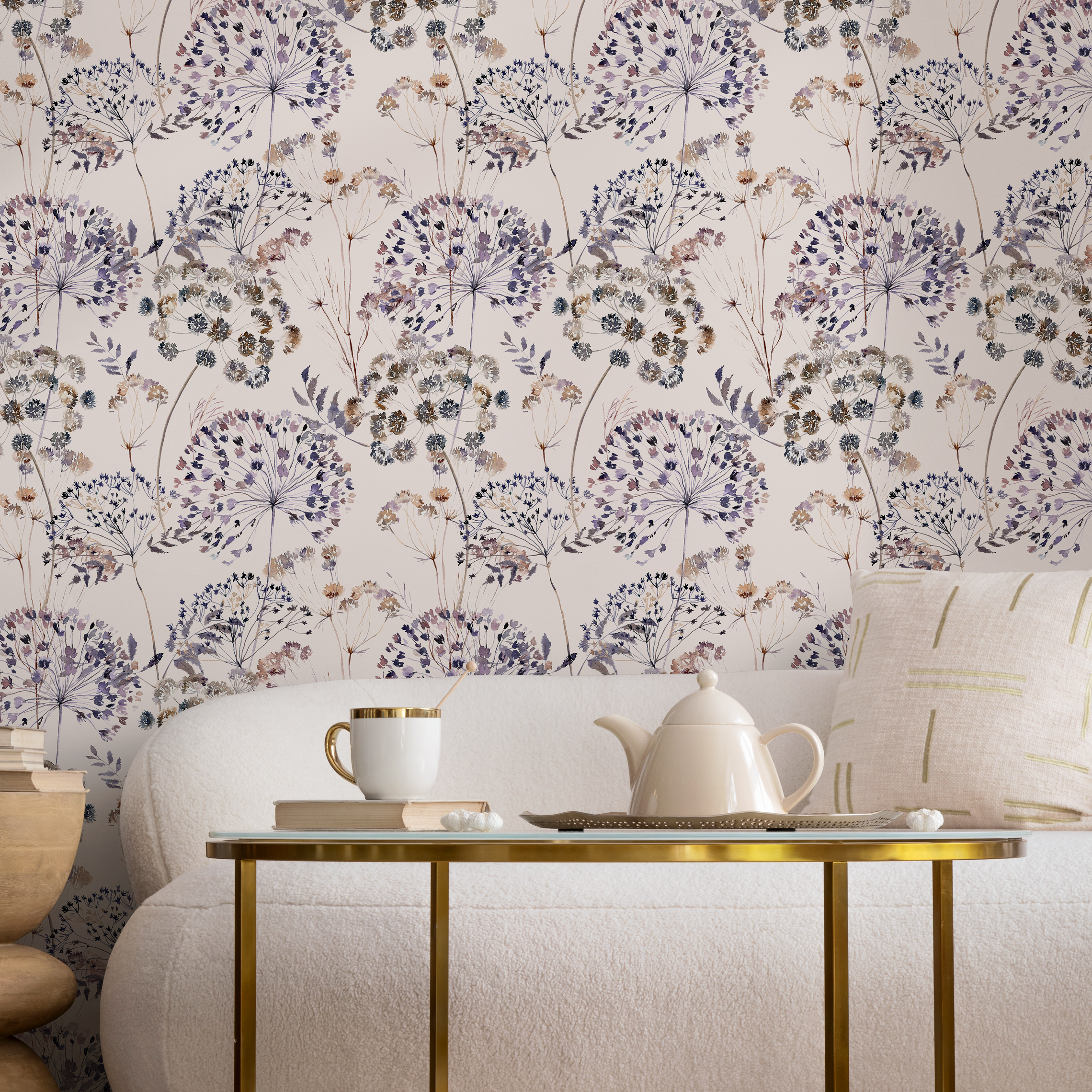 Floral Wallpaper Featuring Dandelion And Wildflower Motifs In Purple And Brown - C820