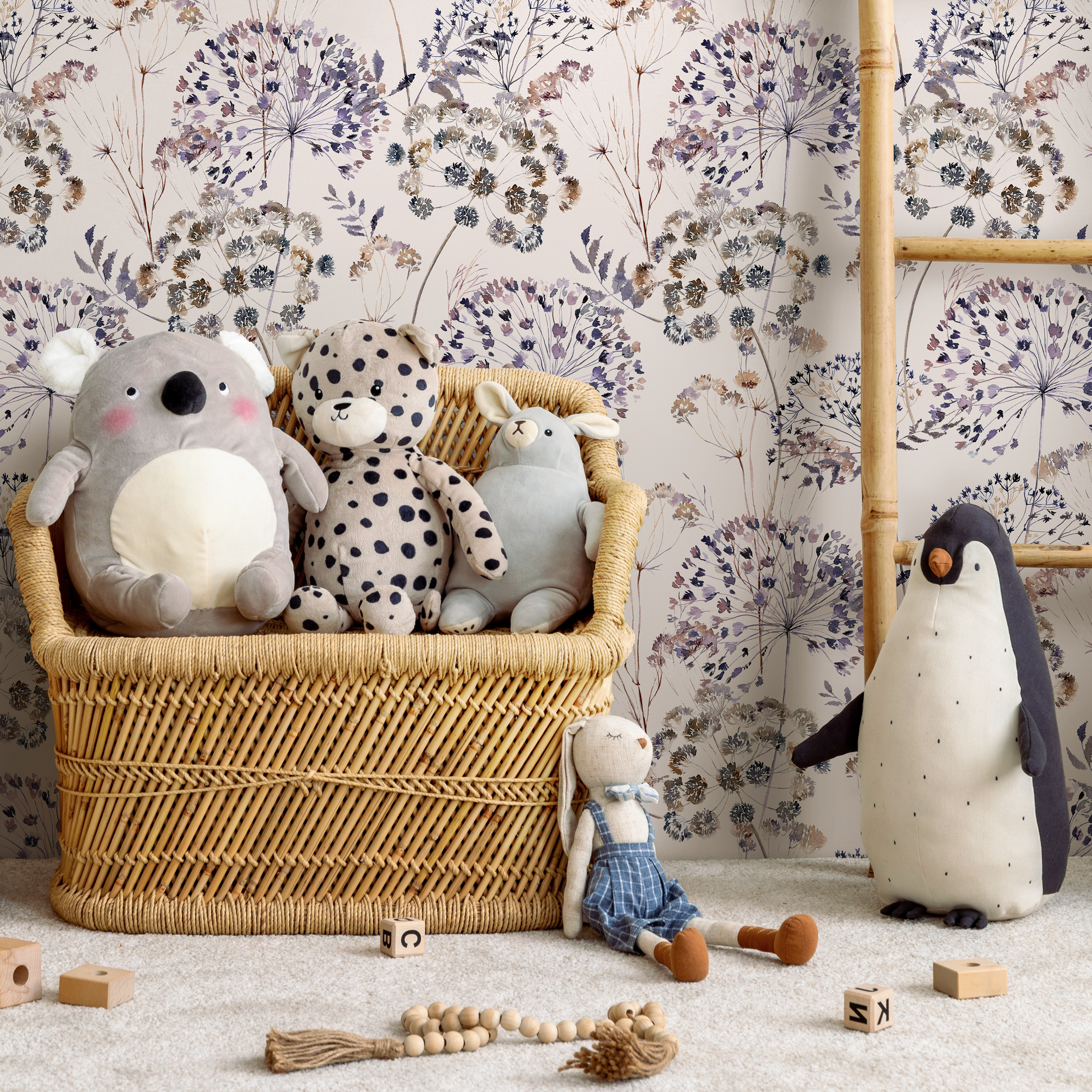 Floral Wallpaper Featuring Dandelion And Wildflower Motifs In Purple And Brown - C820