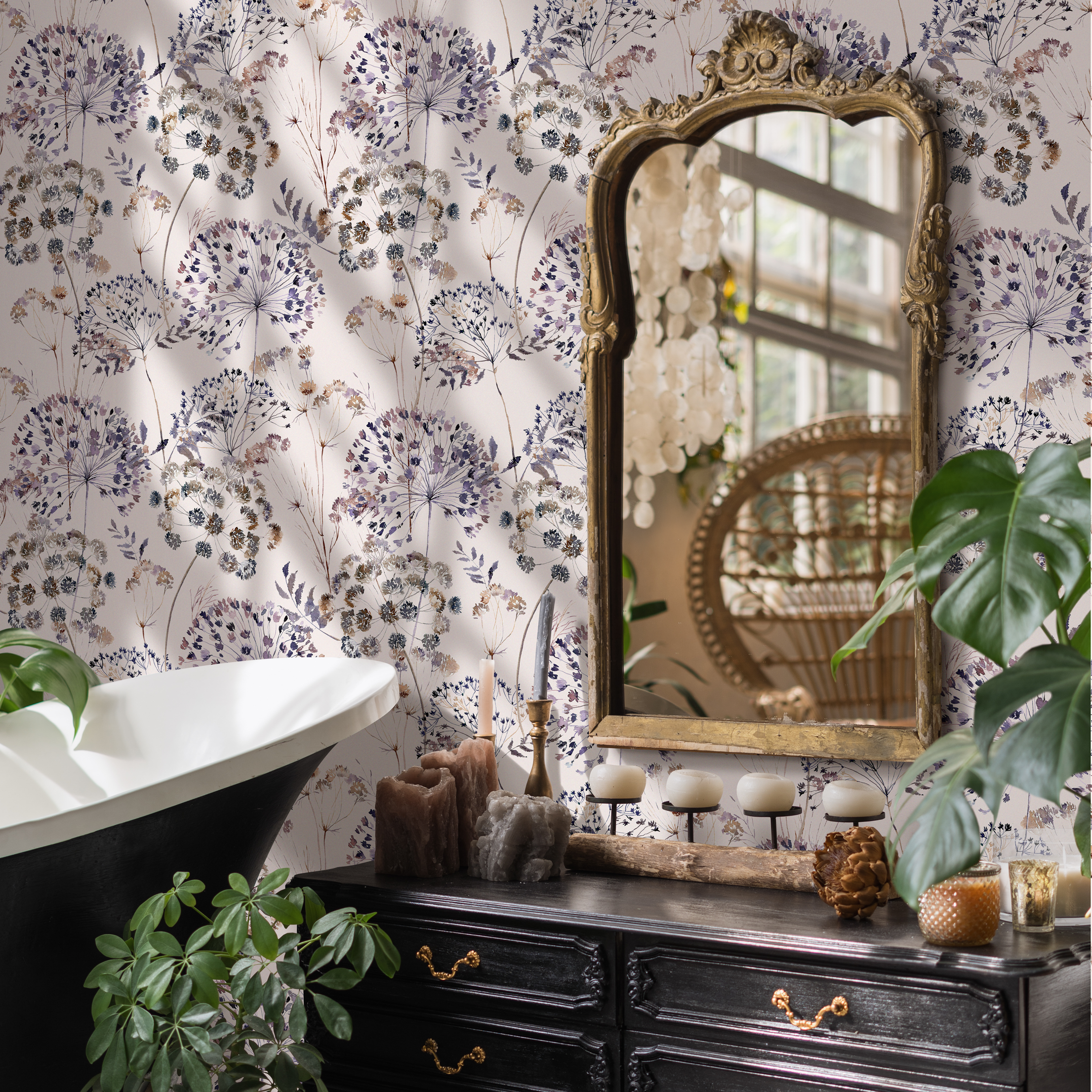 Floral Wallpaper Featuring Dandelion And Wildflower Motifs In Purple And Brown - C820