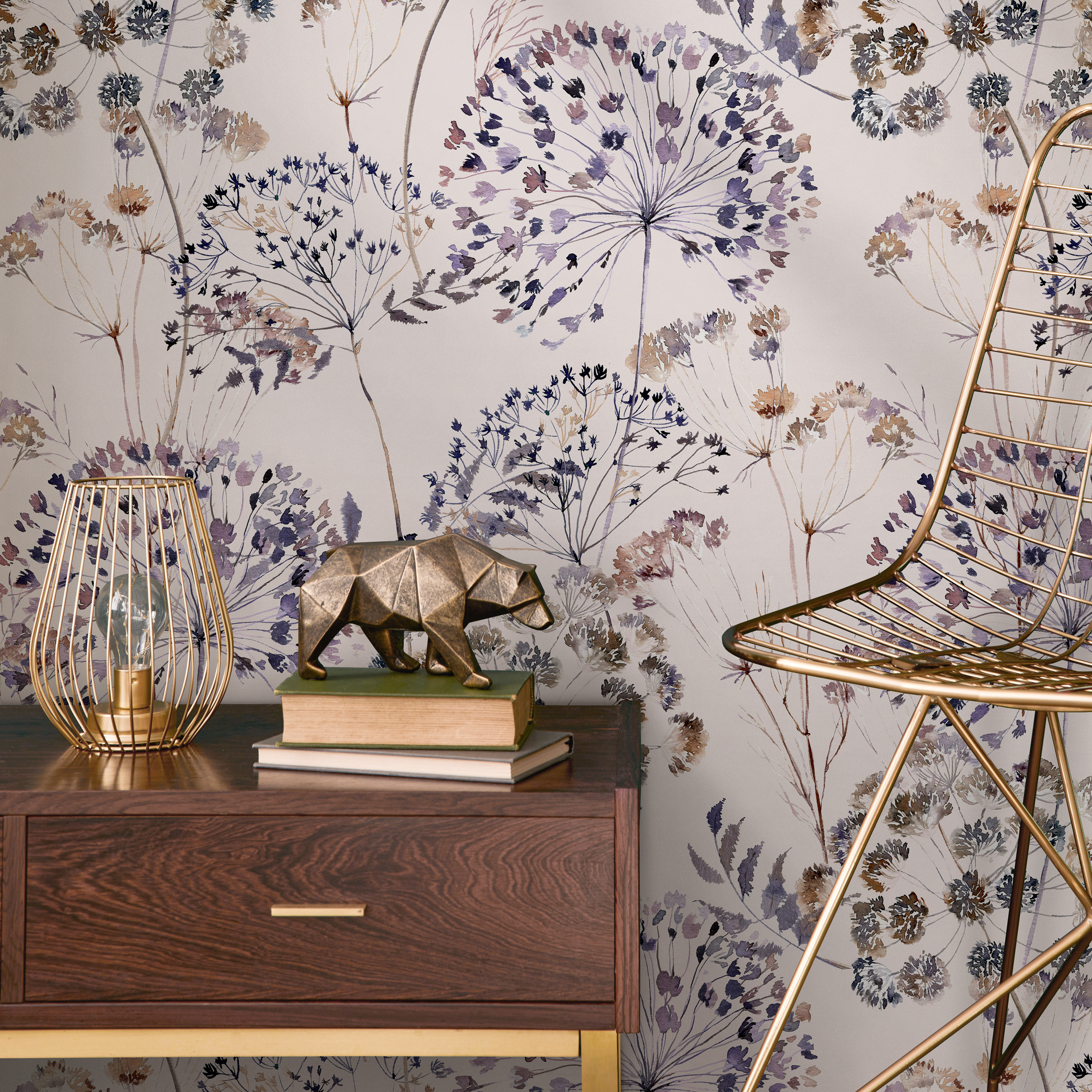 Floral Wallpaper Featuring Dandelion And Wildflower Motifs In Purple And Brown - C820