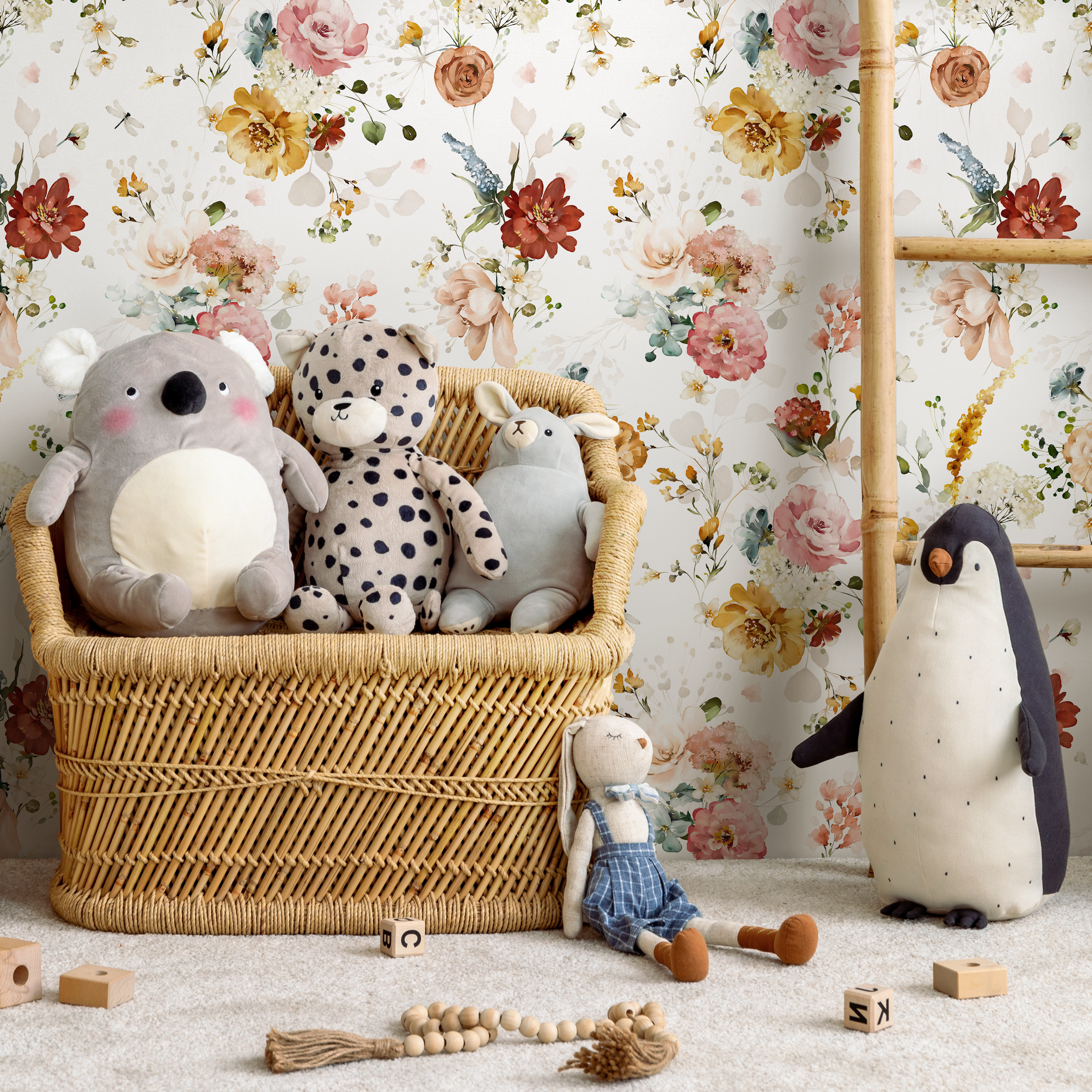 Floral Wallpaper With A Vintage Watercolor Bouquet In Pink, Yellow, And Red - C821