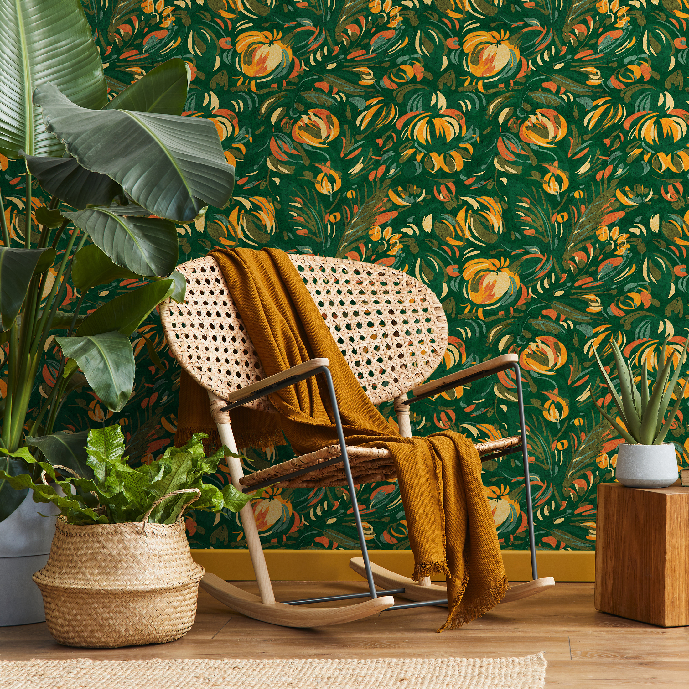 Abstract Floral Wallpaper With A Painterly Motif In Green, Orange, And Yellow - C822