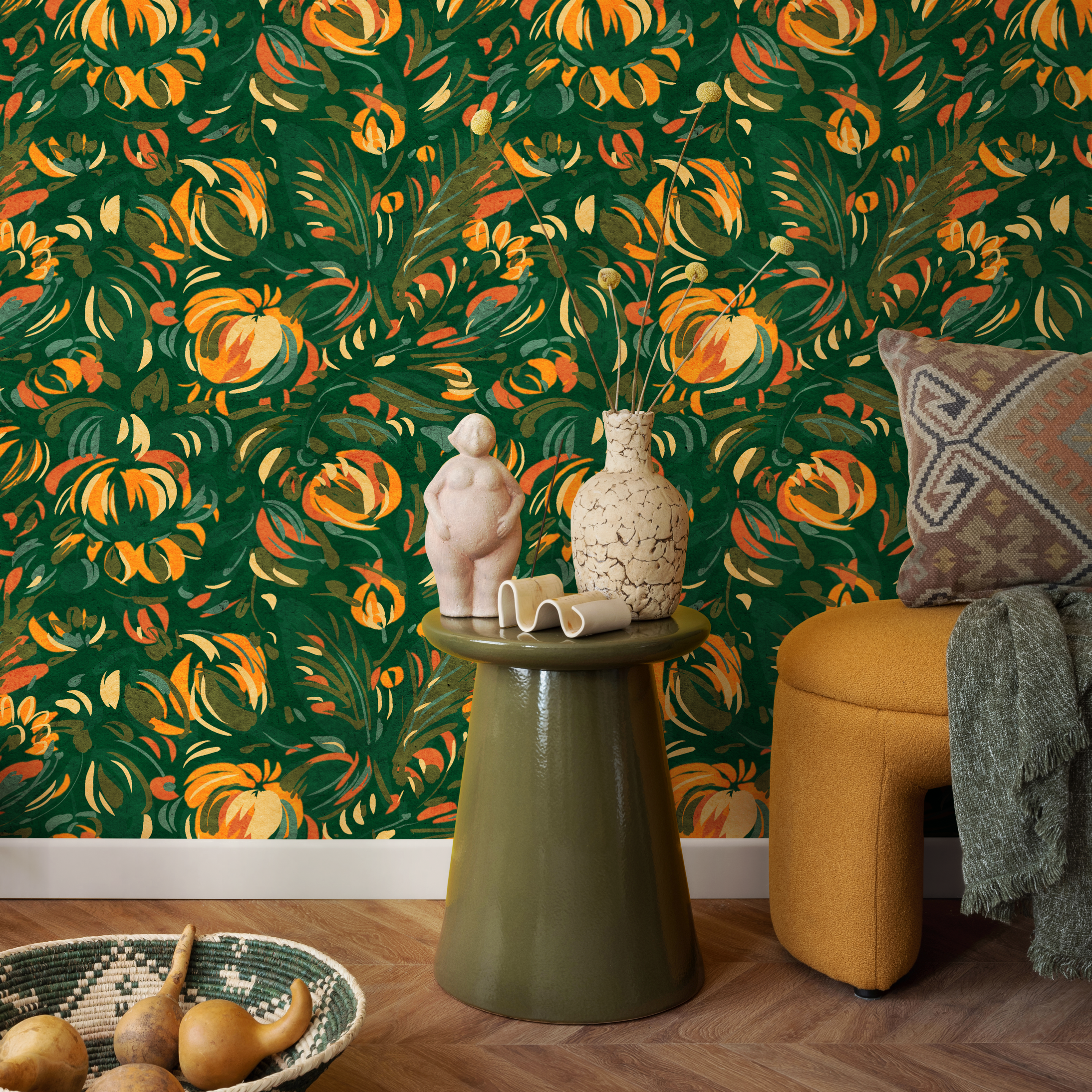 Abstract Floral Wallpaper With A Painterly Motif In Green, Orange, And Yellow - C822