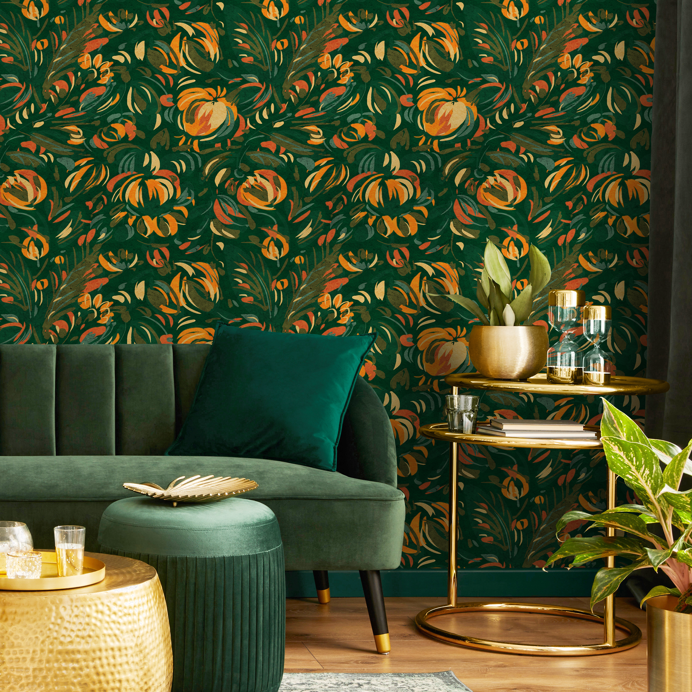 Abstract Floral Wallpaper With A Painterly Motif In Green, Orange, And Yellow - C822