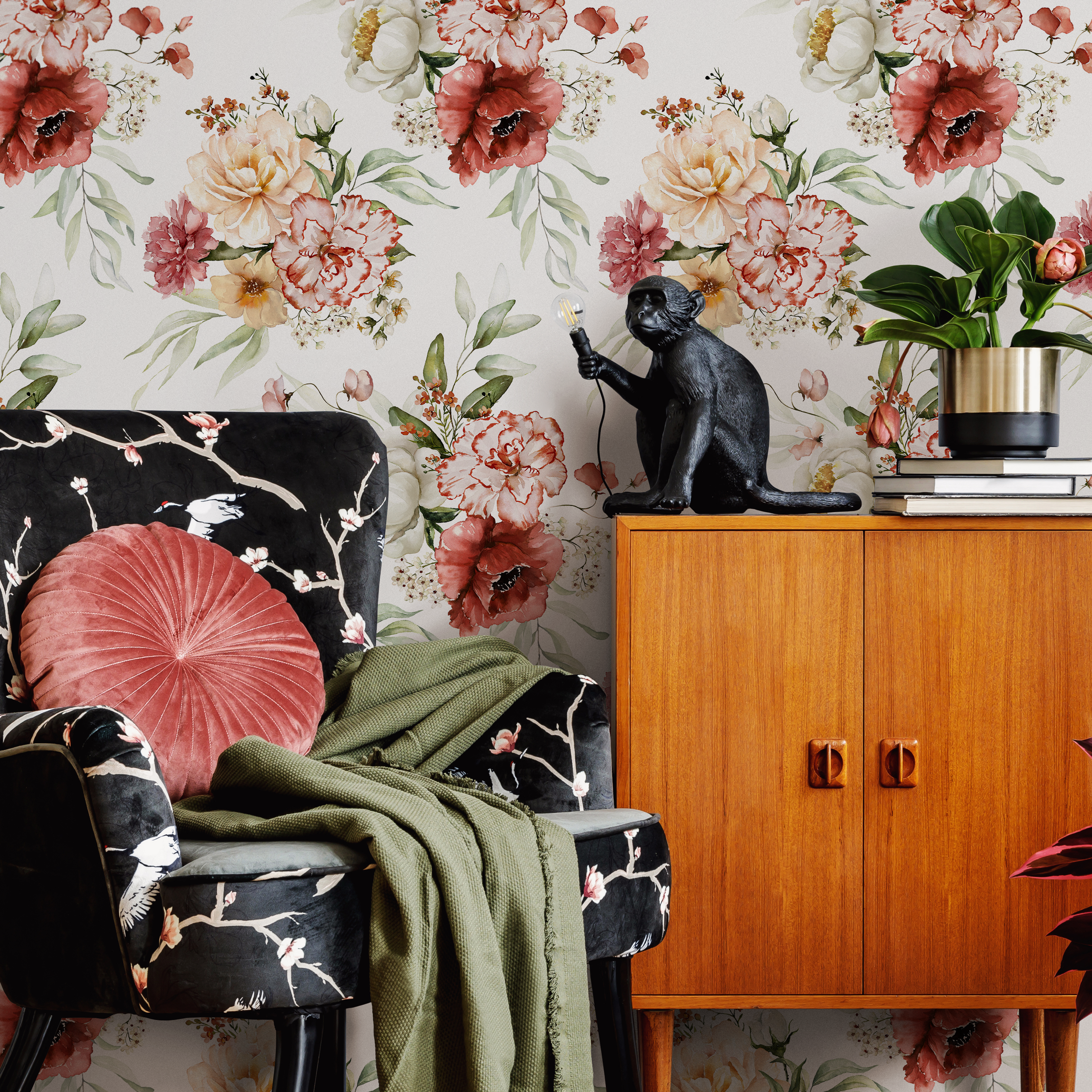 Floral Wallpaper Featuring Watercolor Peonies In Red, Pink, And Green - C823