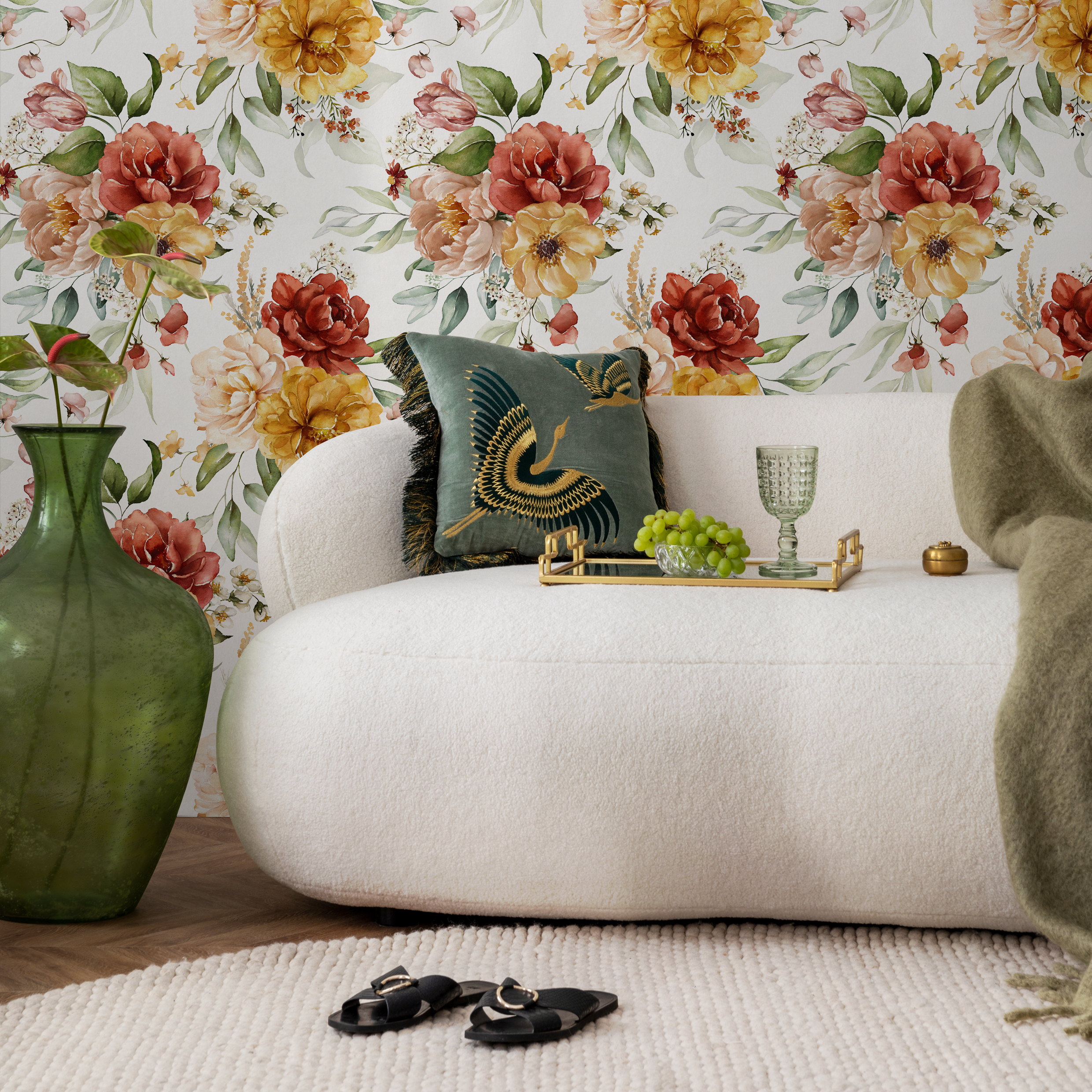 Floral Wallpaper With Vintage Watercolor Roses In Red, Yellow, And Pink - C824