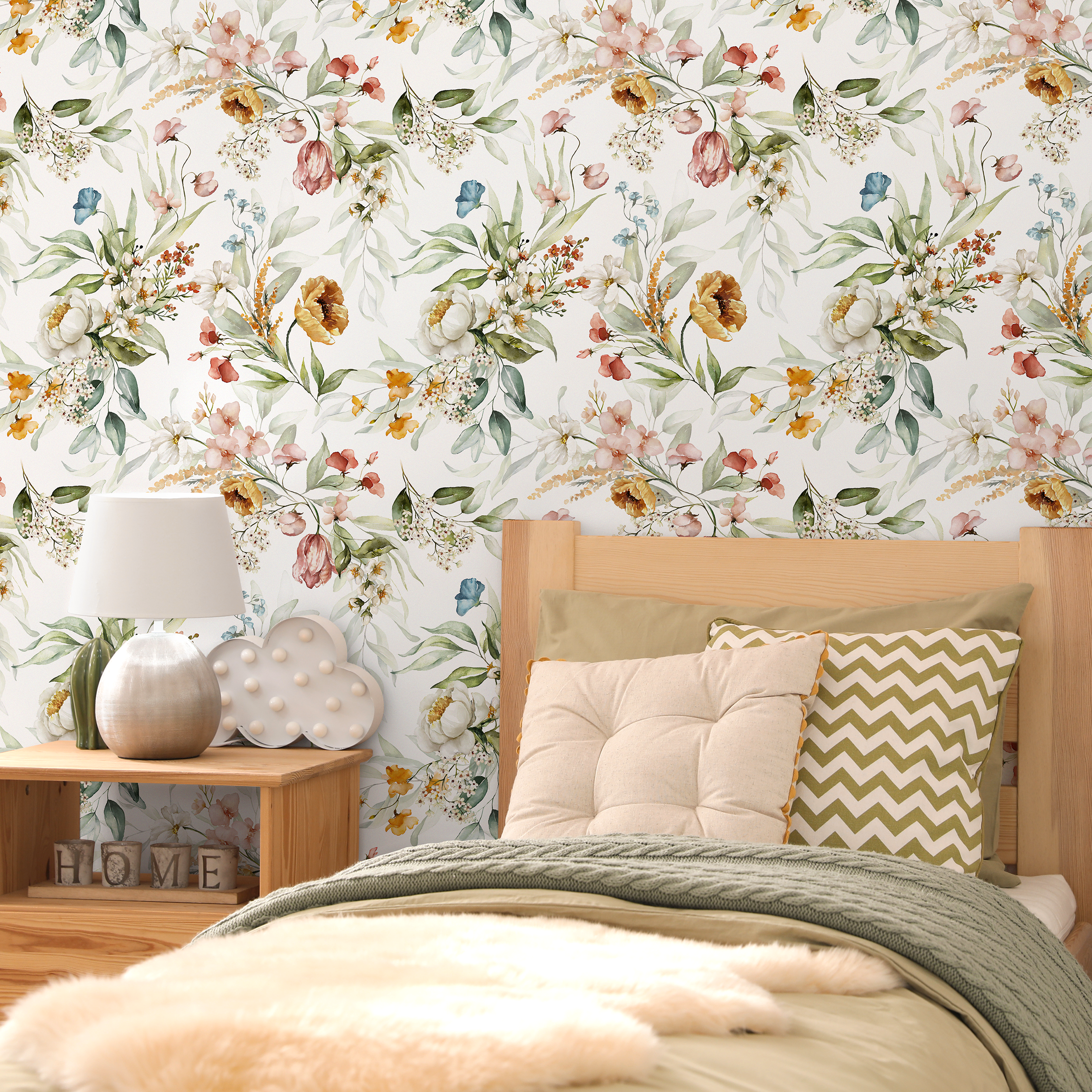 Wildflower Wallpaper With A Watercolor Garden Motif In Pink, Yellow, And Blue - C826