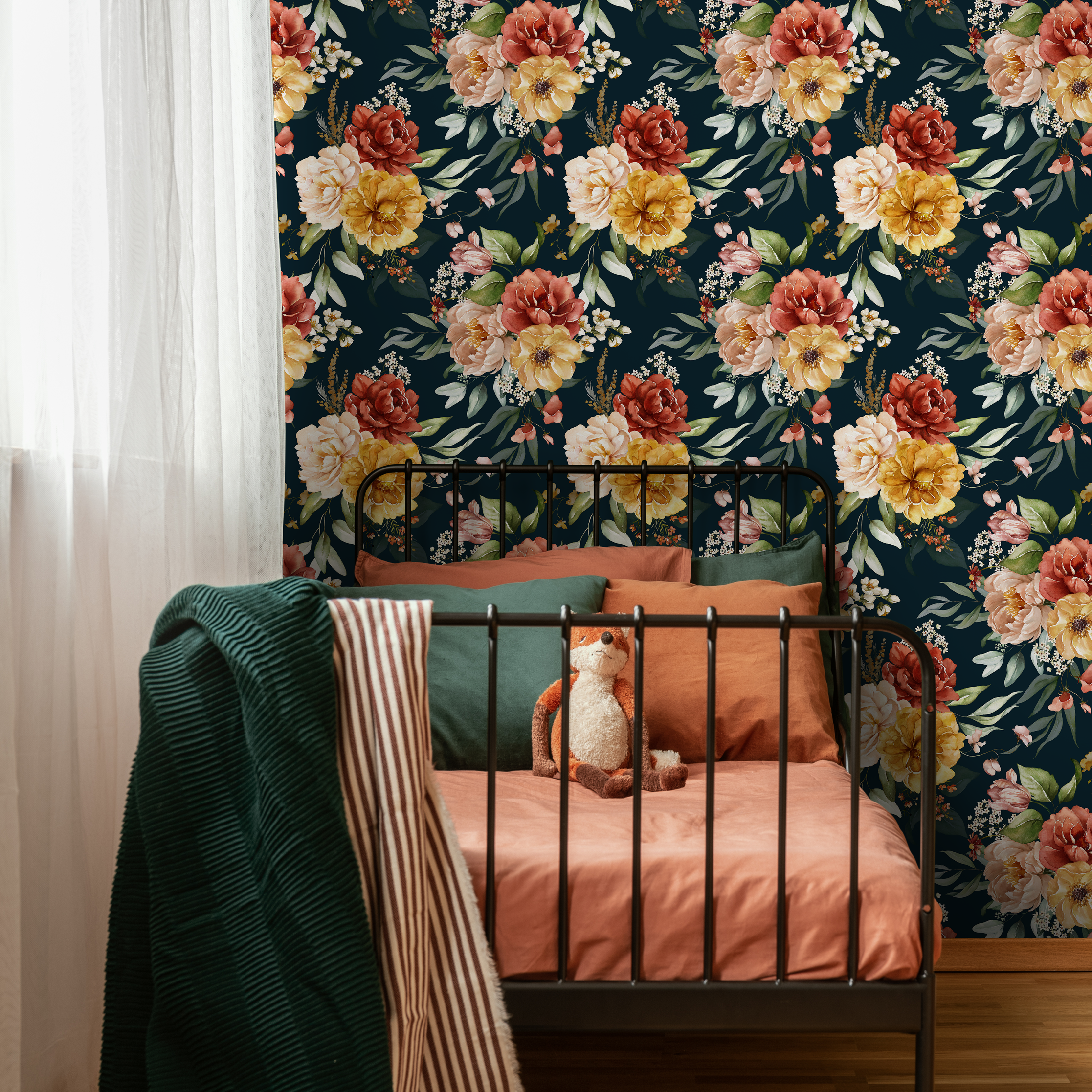 Floral Wallpaper With A Vintage Garden Motif In Yellow, Red, And Pink - C827