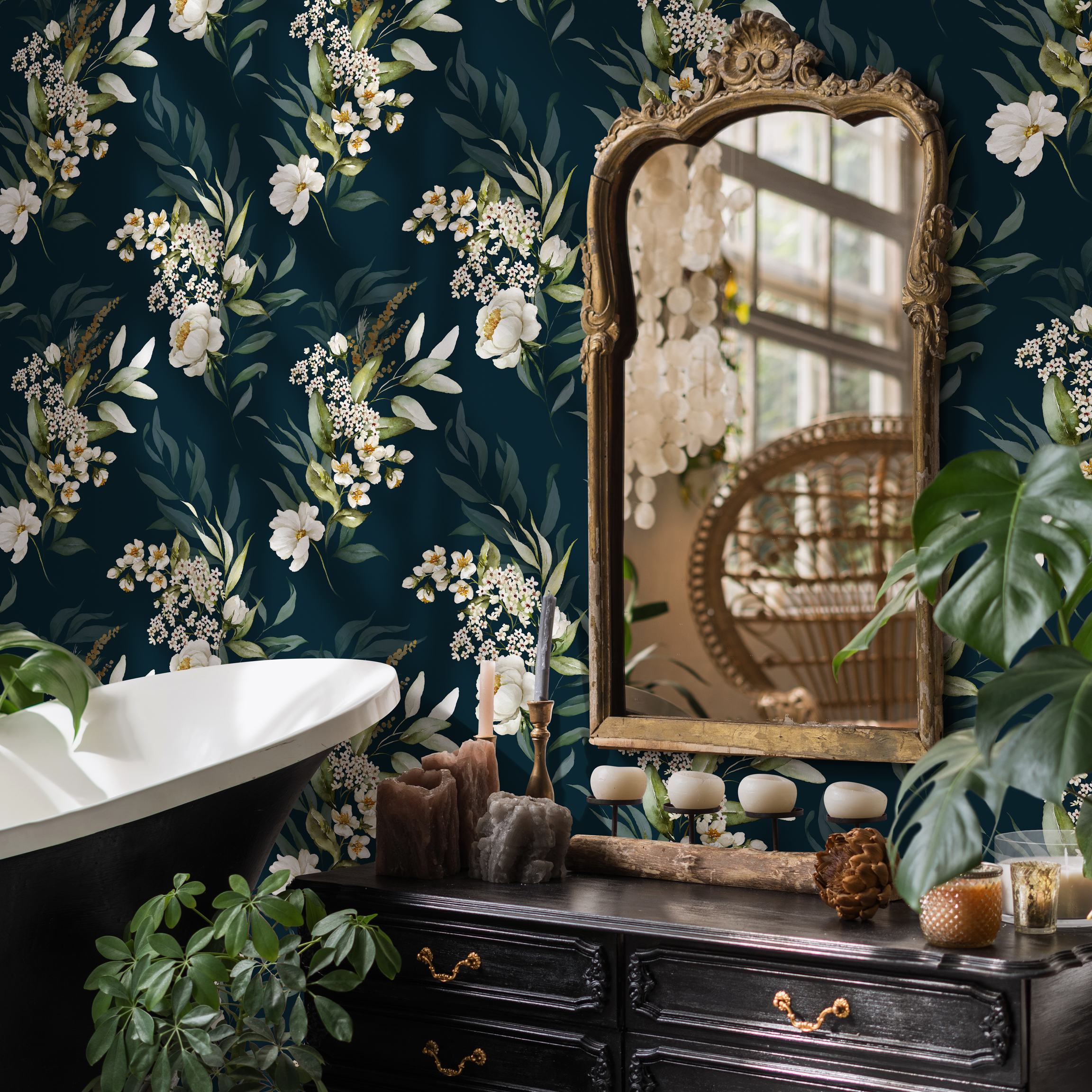 Floral Wallpaper With White Bouquets In Dark Green And Cream - C828