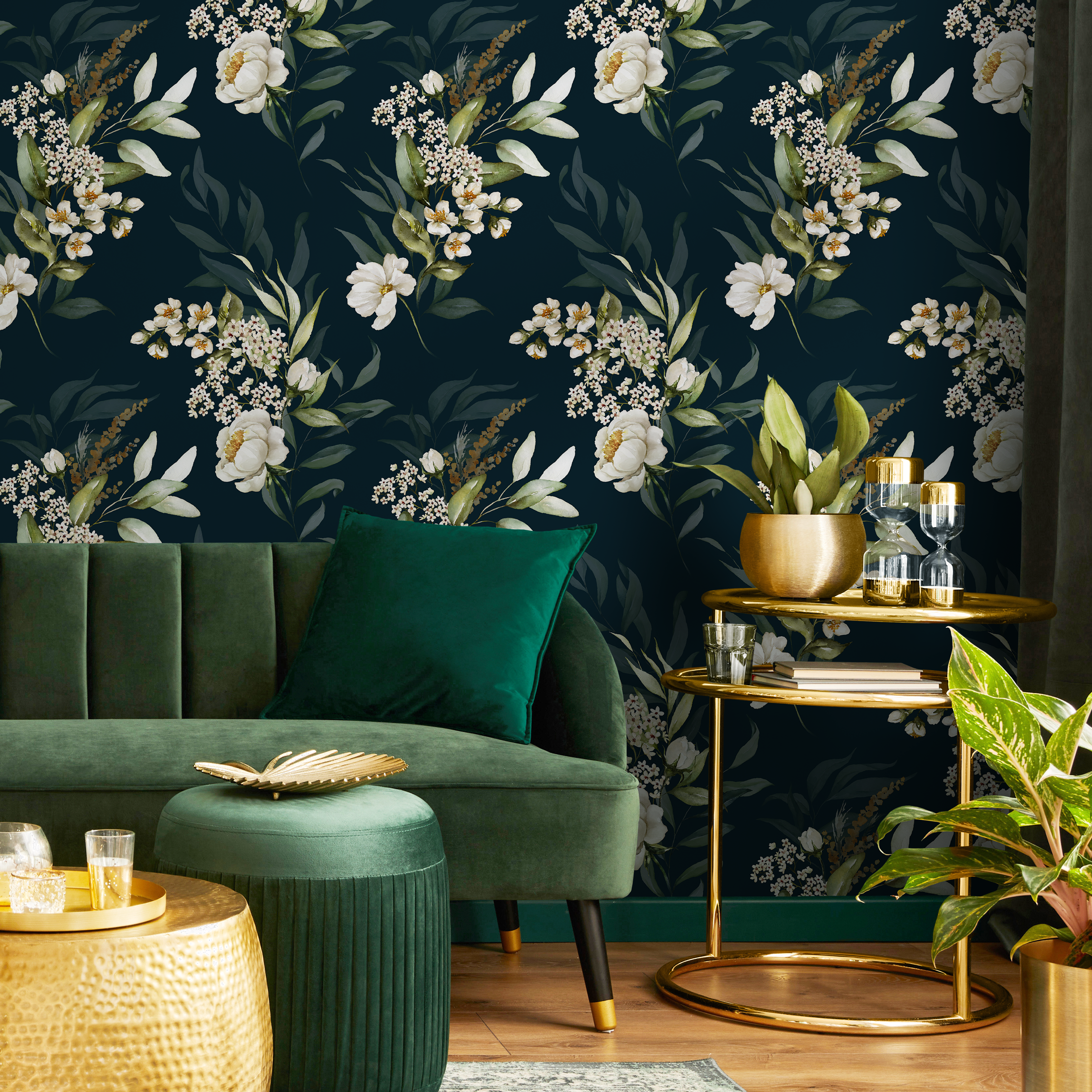 Floral Wallpaper With White Bouquets In Dark Green And Cream - C828