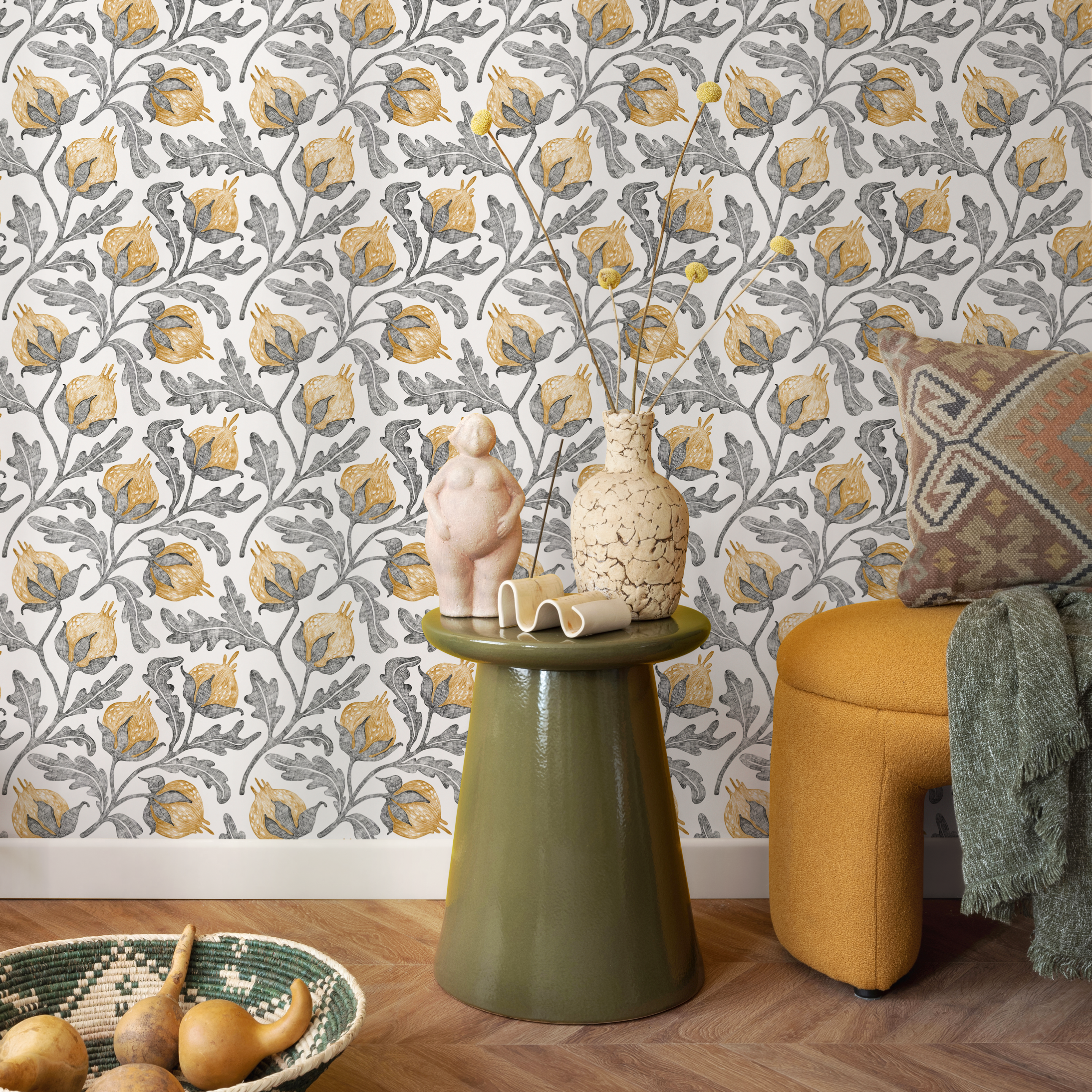 Vintage Floral Wallpaper With A Pomegranate Motif In Yellow And Gray - C829