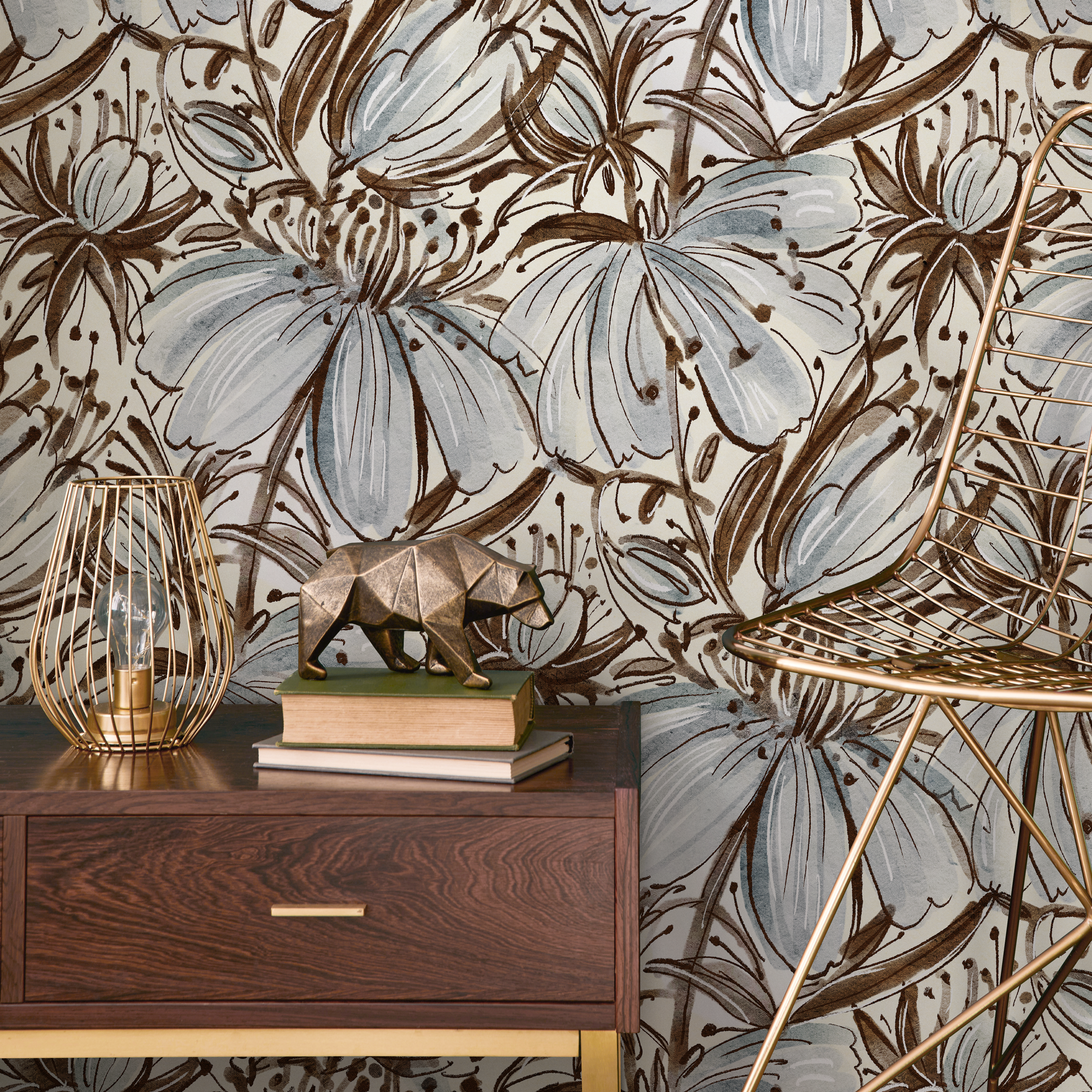 Floral Wallpaper With A Hand-drawn Lily Motif In Brown And Blue - C831