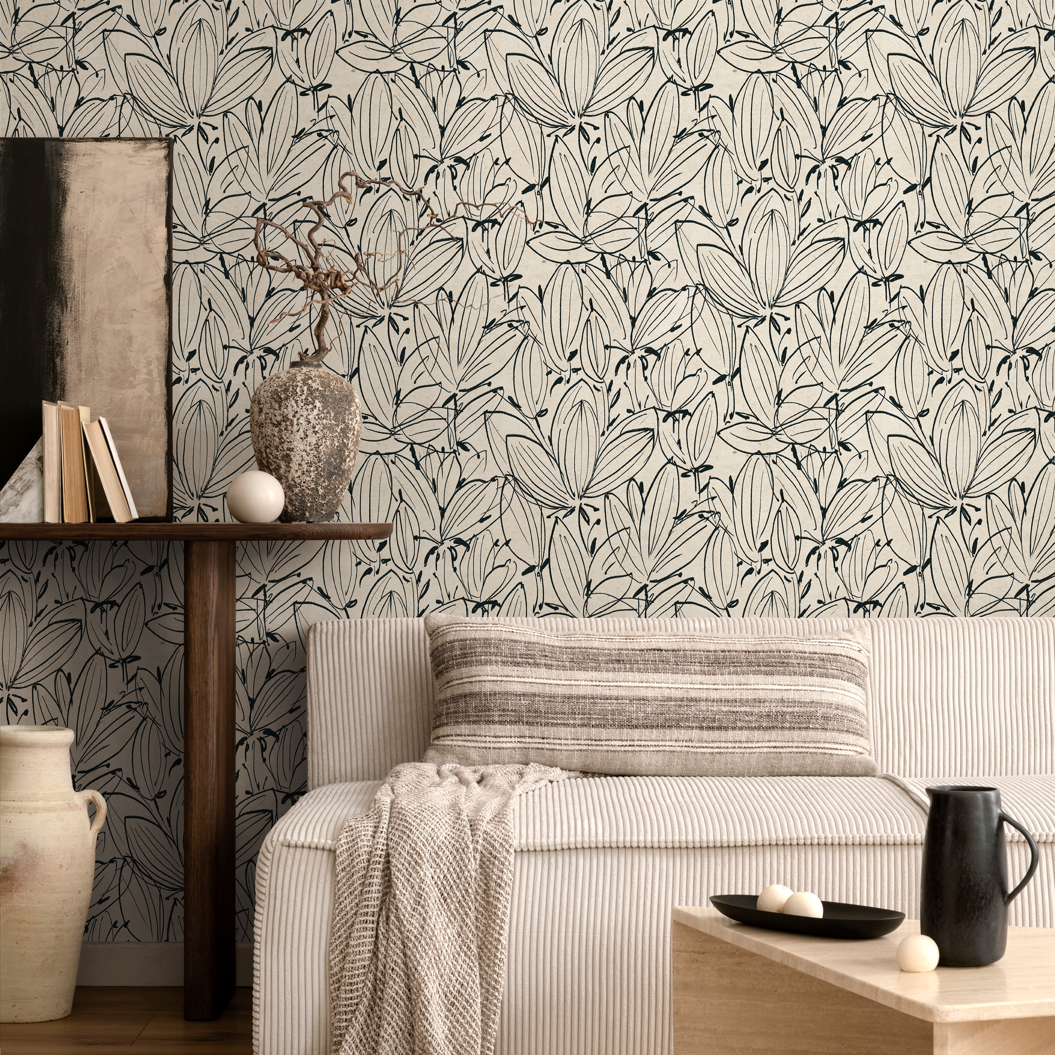 Floral Wallpaper Featuring A Delicate Line Art Motif In Black And Beige - C832