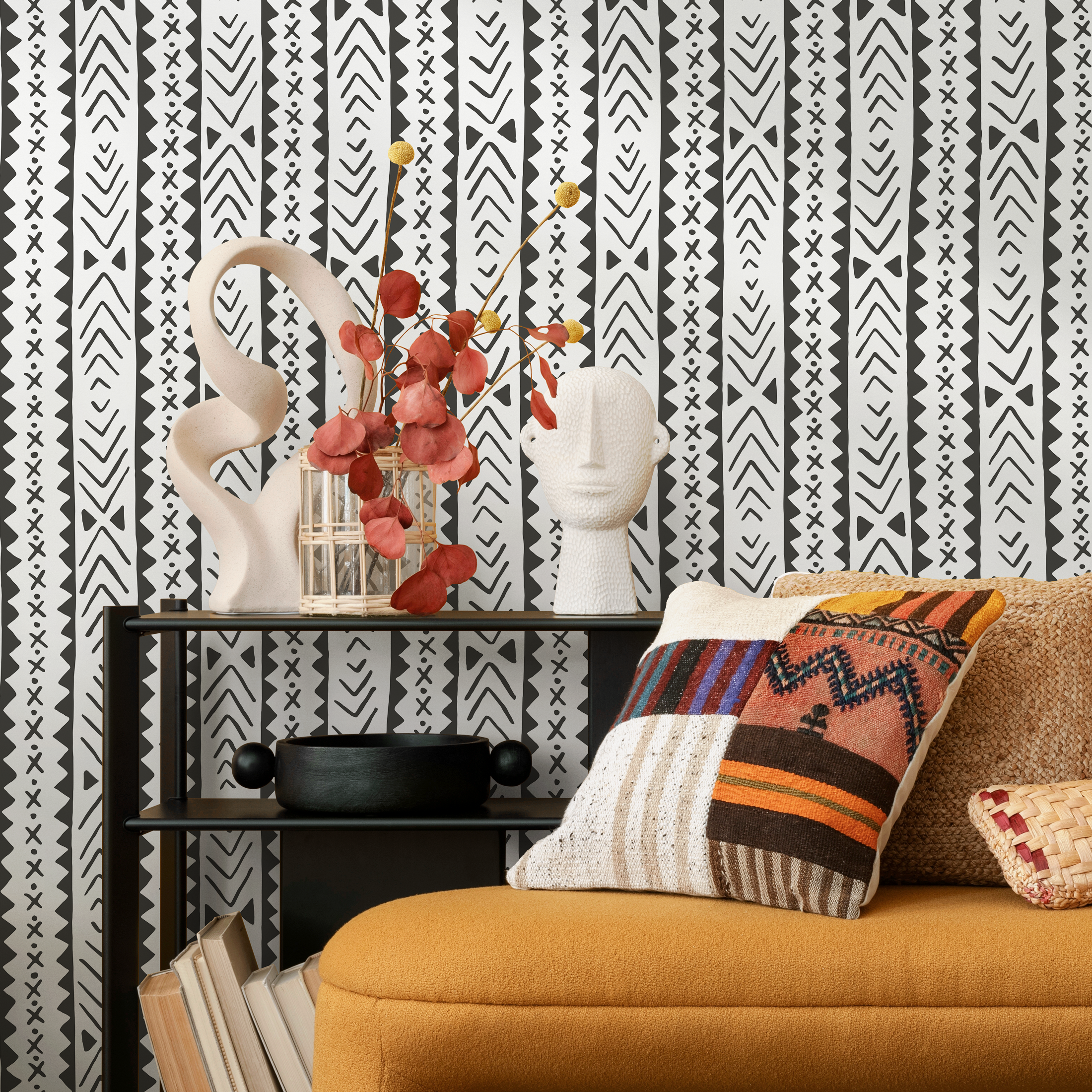 Tribal Wallpaper Featuring Vertical Geometric Motifs In Black And White - C833