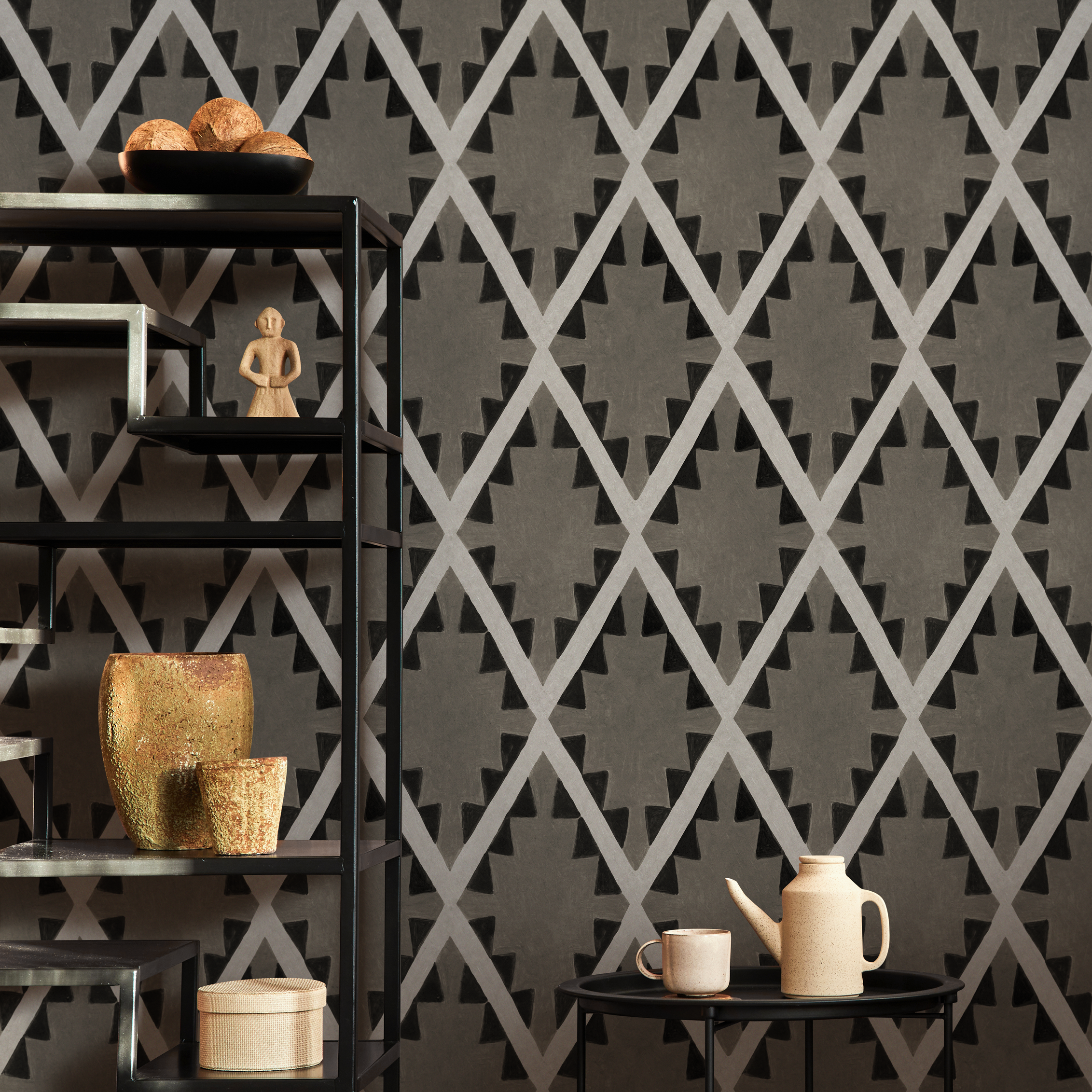 Boho Wallpaper With A Tribal Diamond Pattern In Black And Grey - C836