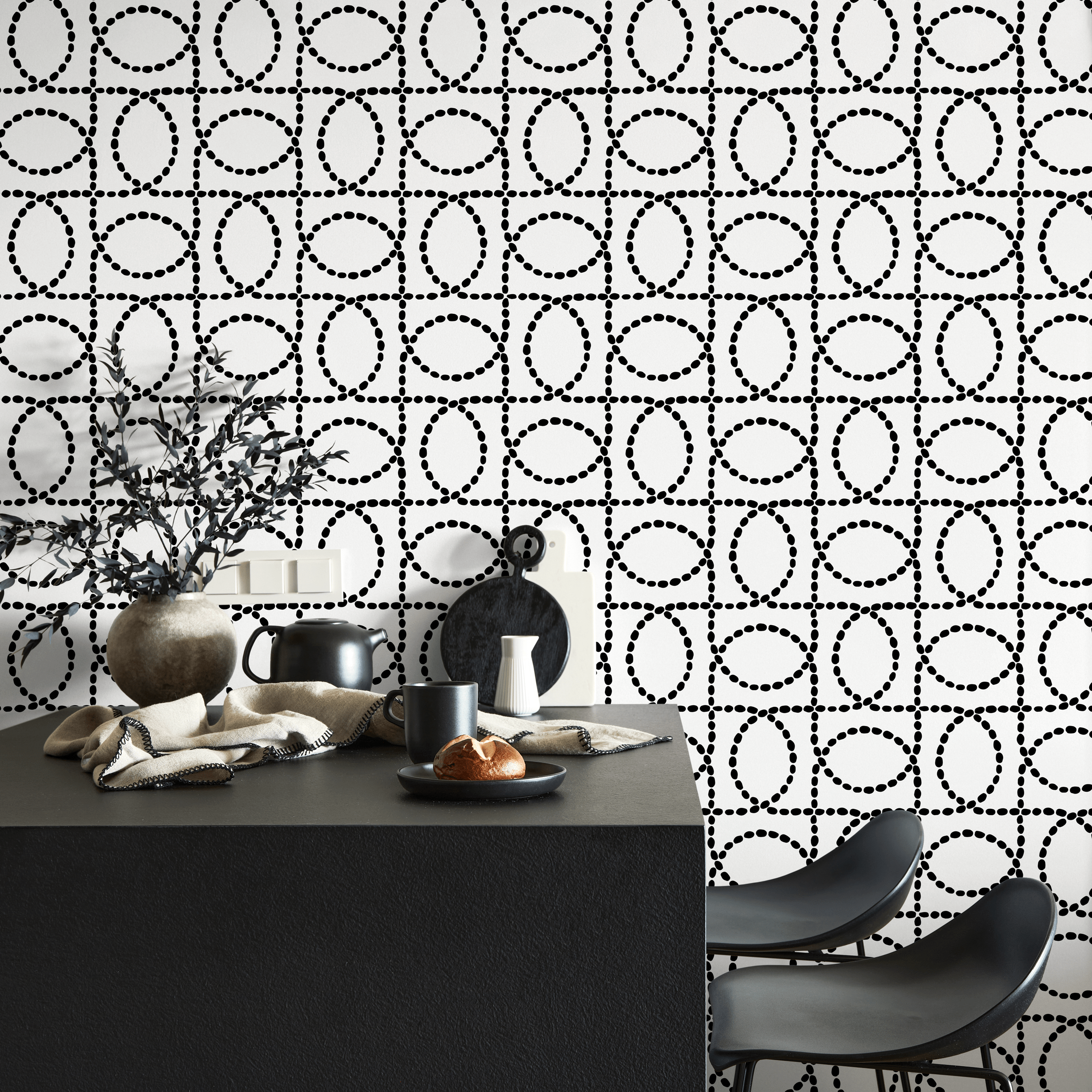 Geometric Wallpaper With An Interlocking Dotted Oval Motif In Black And White - C841