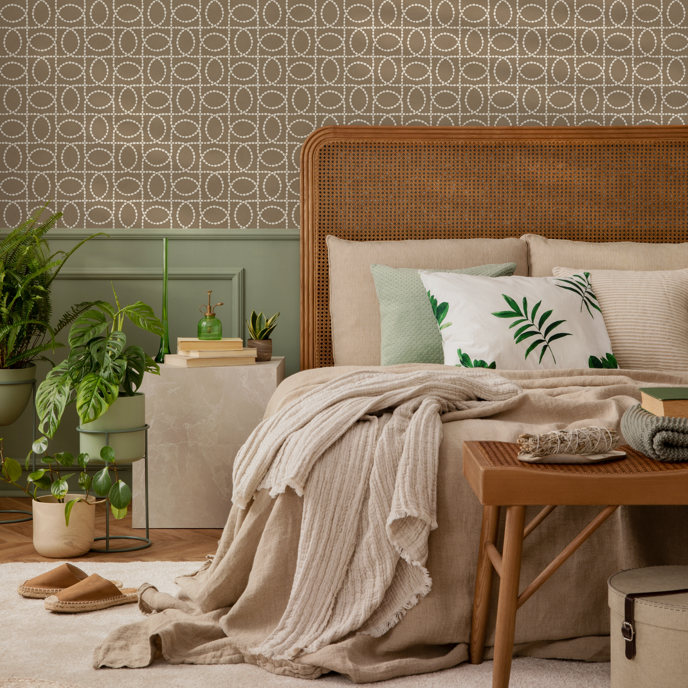 Geometric Wallpaper With A Dotted Oval Grid In Brown And Off-white - C842