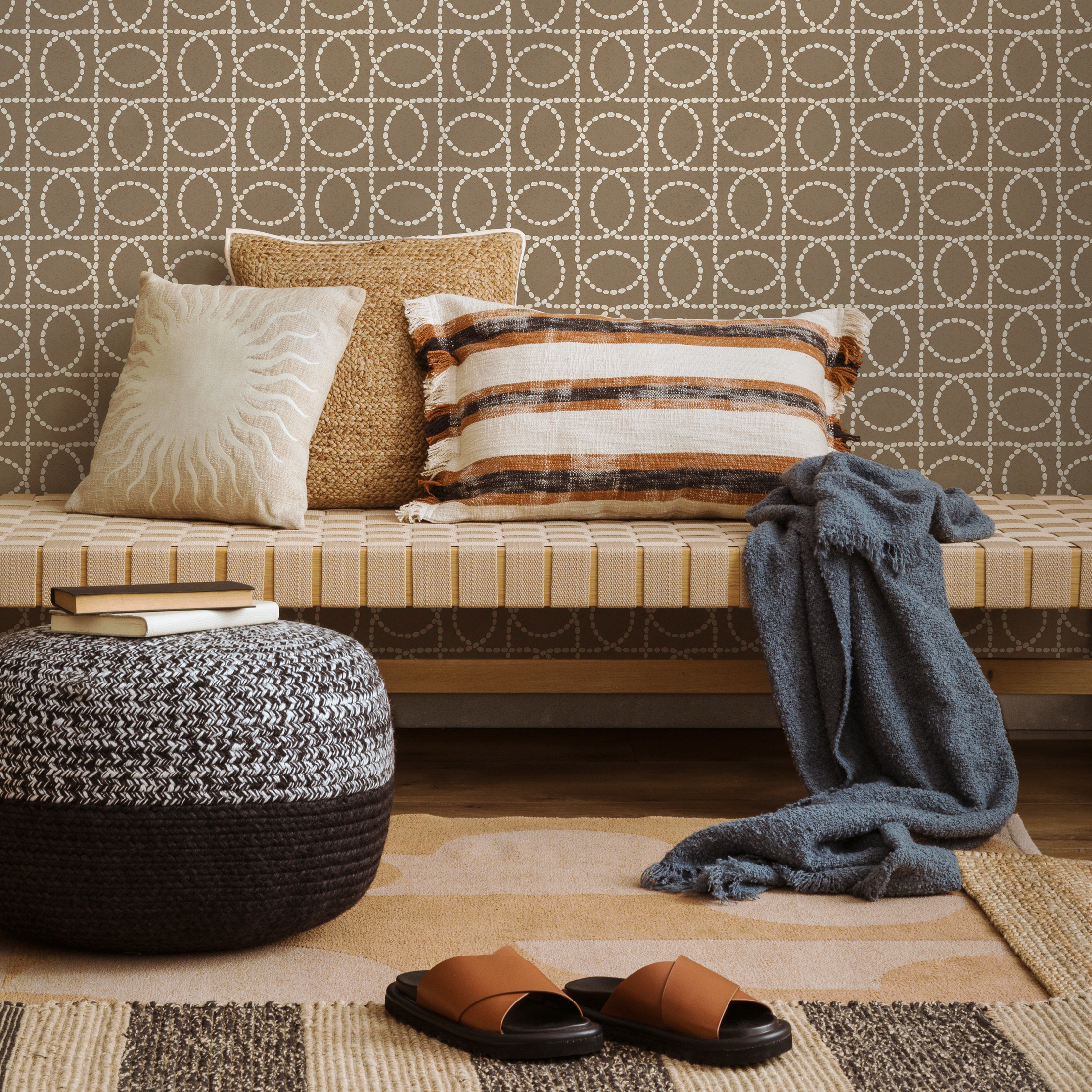 Geometric Wallpaper With A Dotted Oval Grid In Brown And Off-white - C842