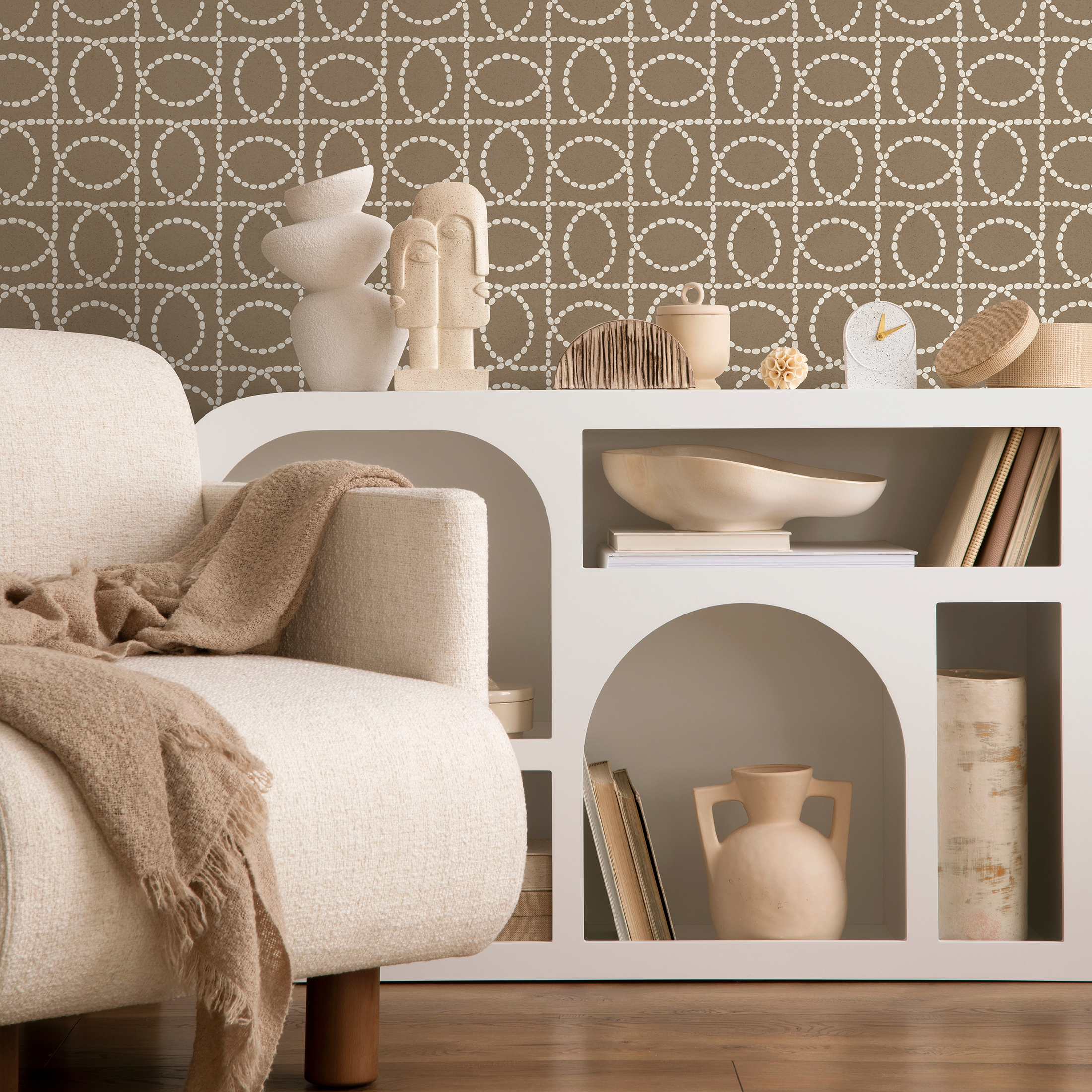 Geometric Wallpaper With A Dotted Oval Grid In Brown And Off-white - C842