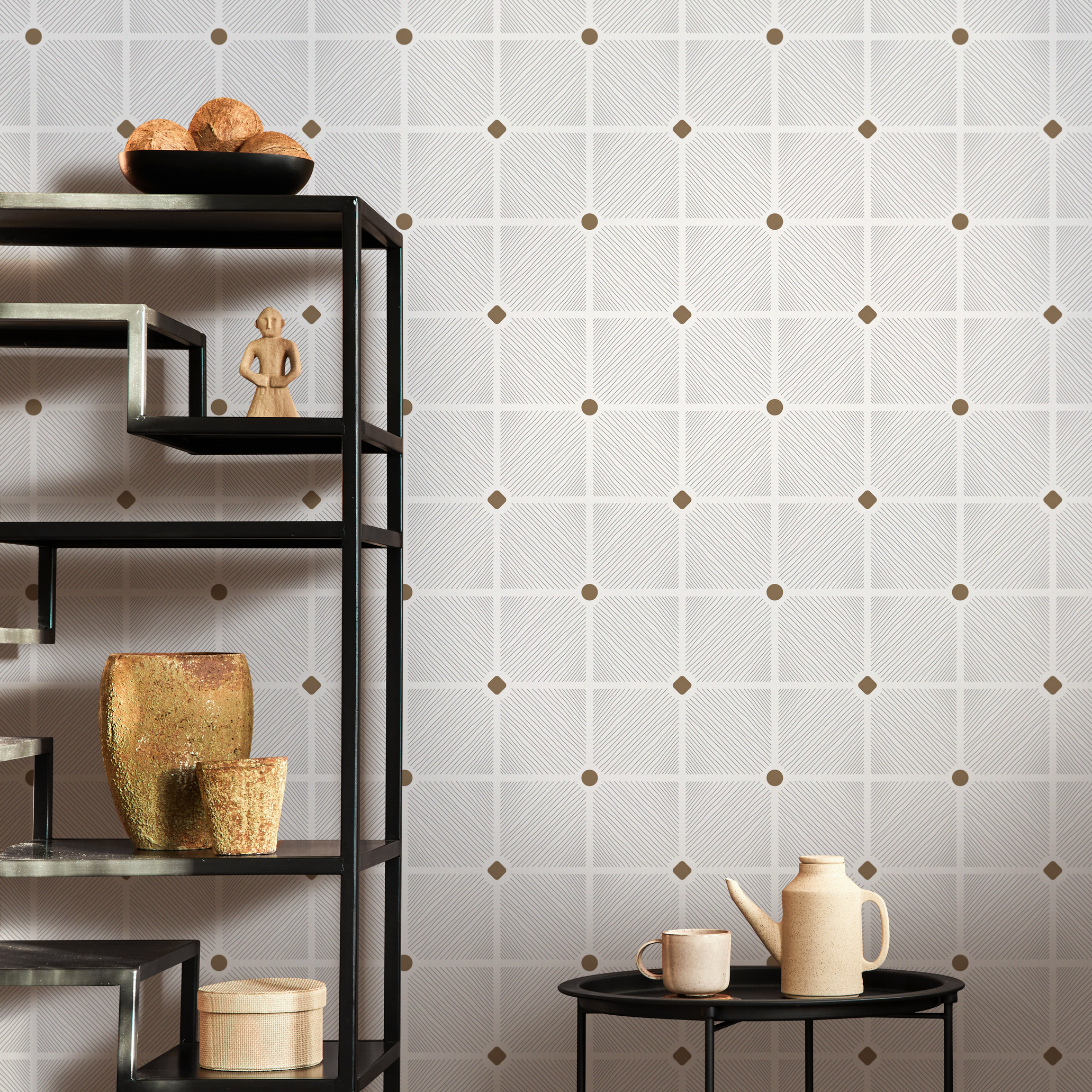 Geometric Wallpaper With A Lined Grid And Dot Pattern In Gray And Brown - C844