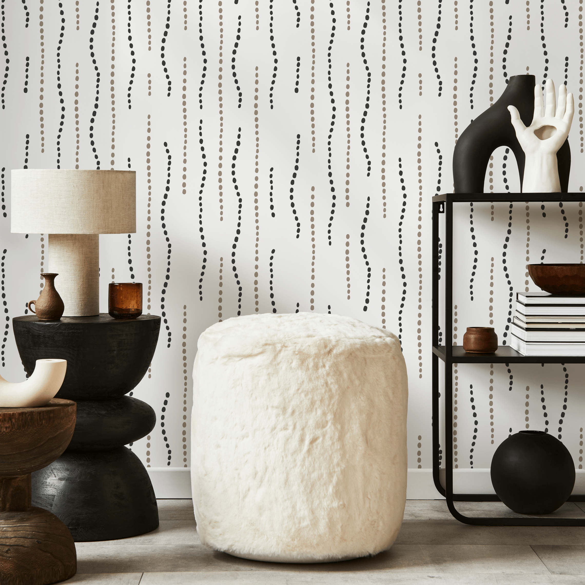 Abstract Wallpaper With Wavy Dotted Lines In Black And Beige - C846