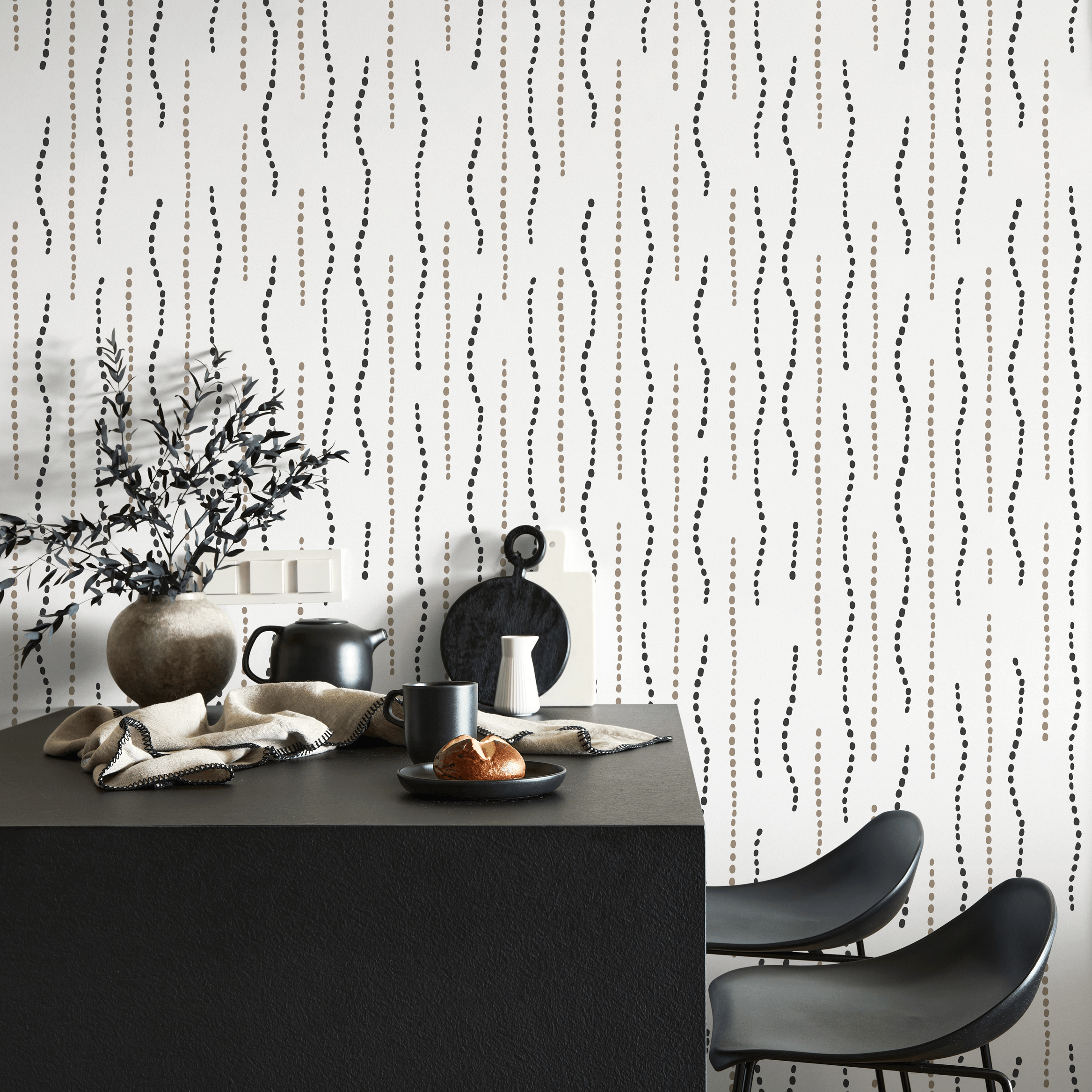 Abstract Wallpaper With Wavy Dotted Lines In Black And Beige - C846