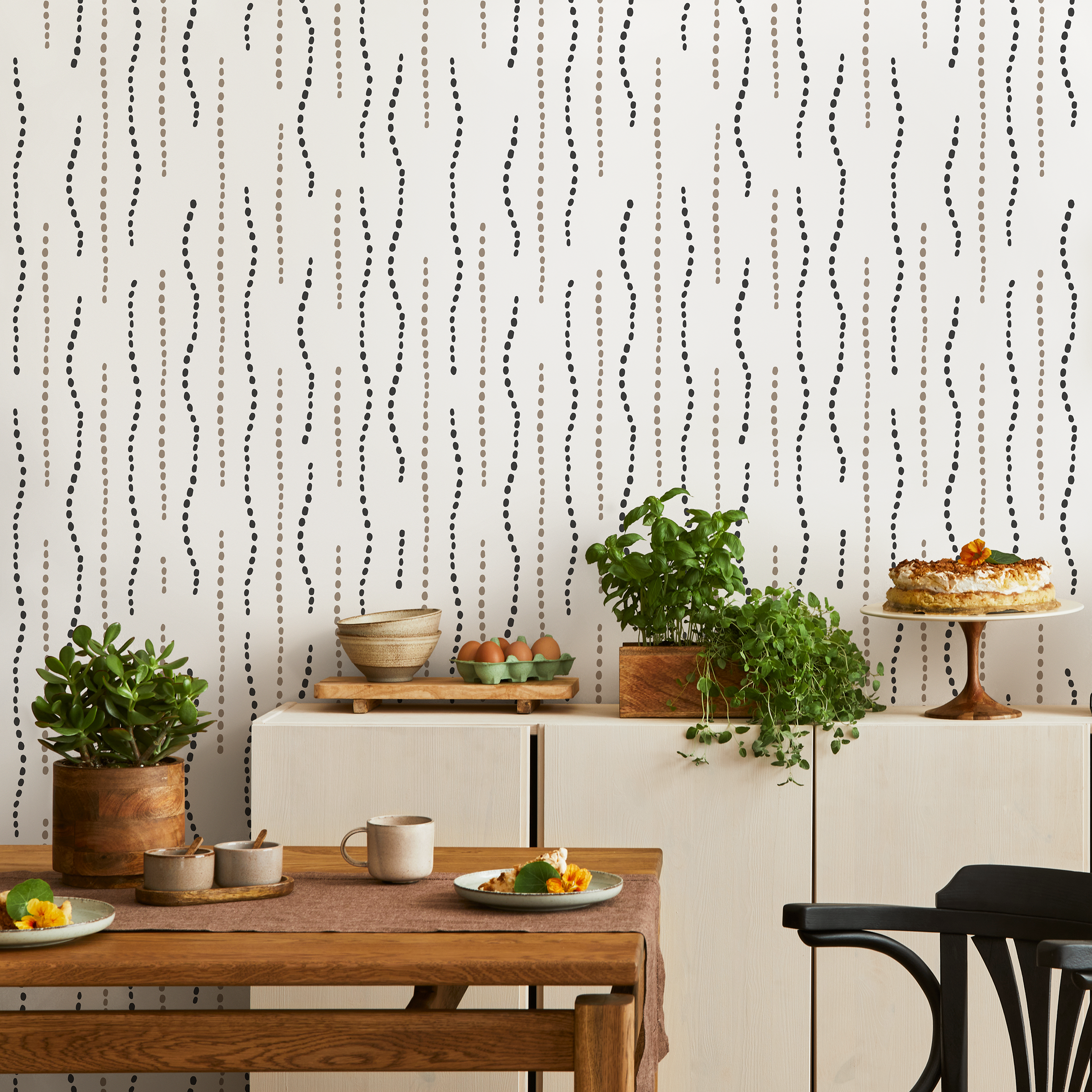 Abstract Wallpaper With Wavy Dotted Lines In Black And Beige - C846