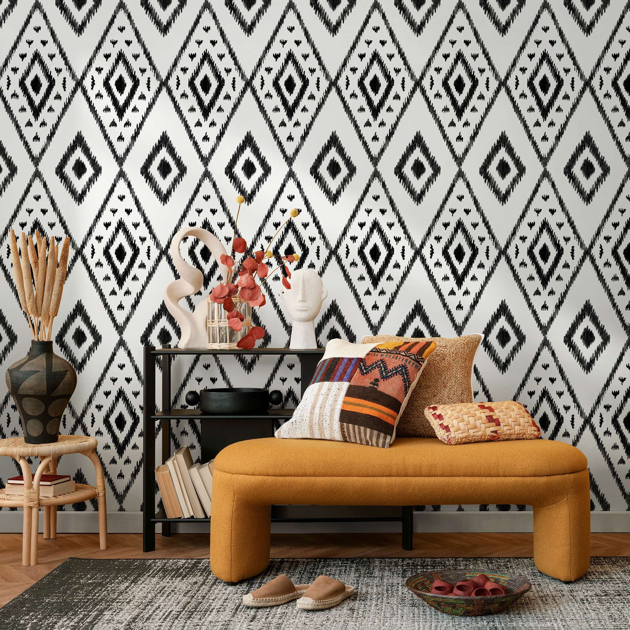 Tribal Wallpaper With A Sketched Diamond Motif In Black And White - C848