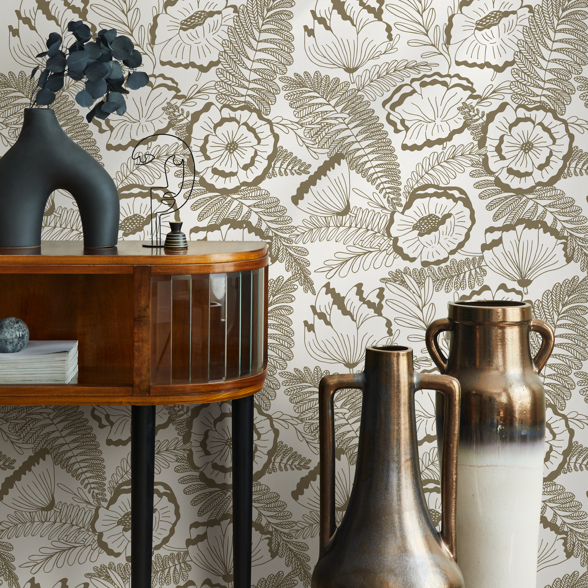 Floral Wallpaper With A Poppy And Fern Line Art Motif In Beige - C849