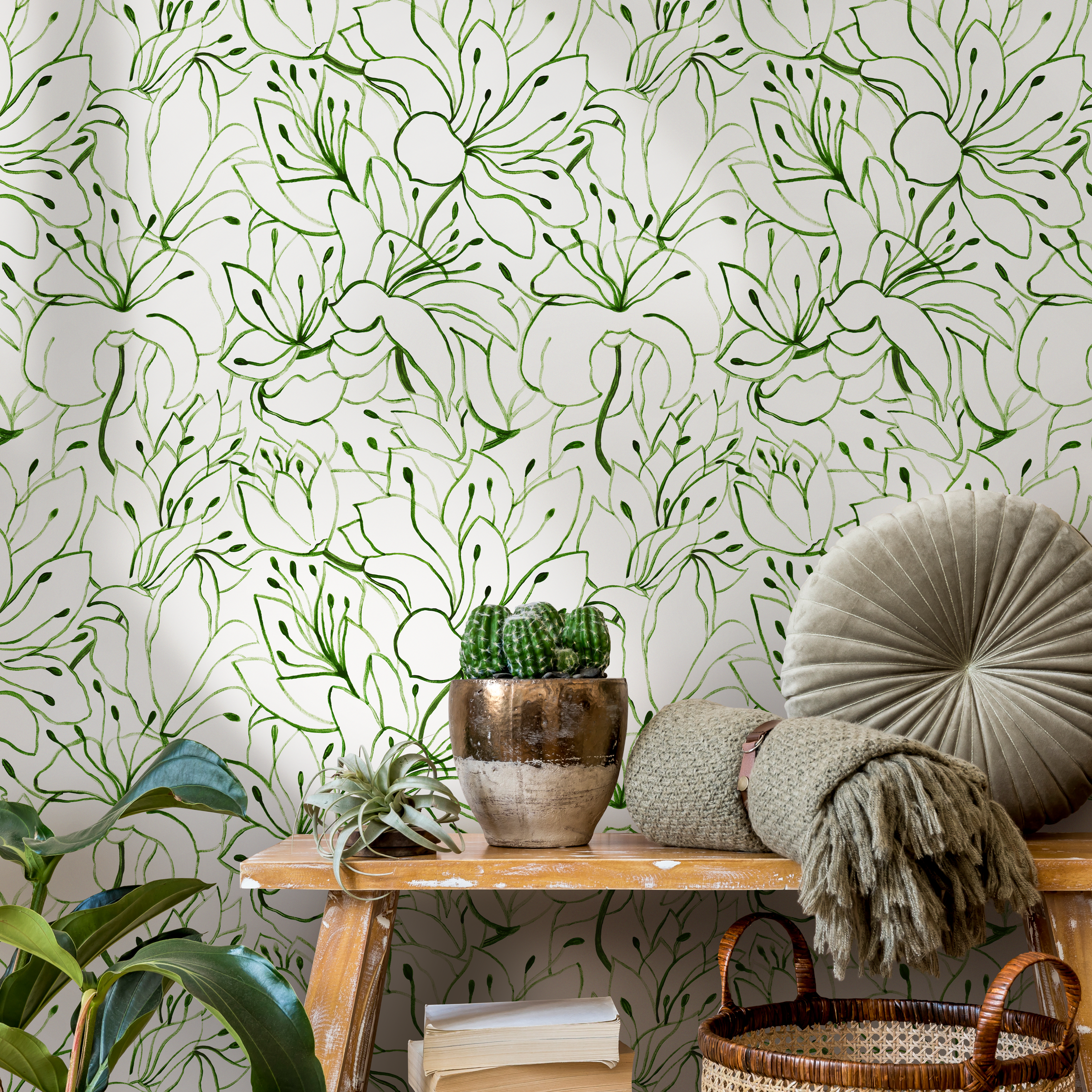 Floral Wallpaper With A Watercolor Lily Line Art Motif In Green - C852