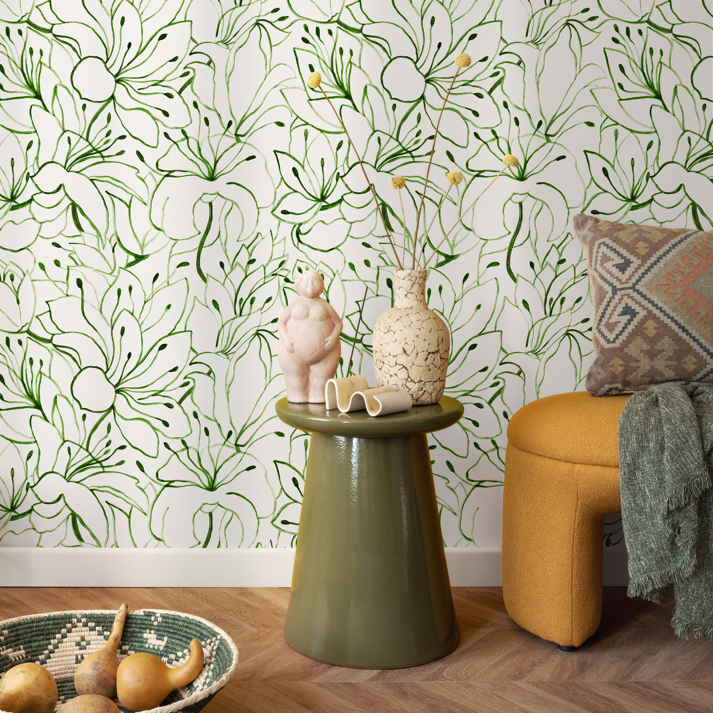 Floral Wallpaper With A Watercolor Lily Line Art Motif In Green - C852