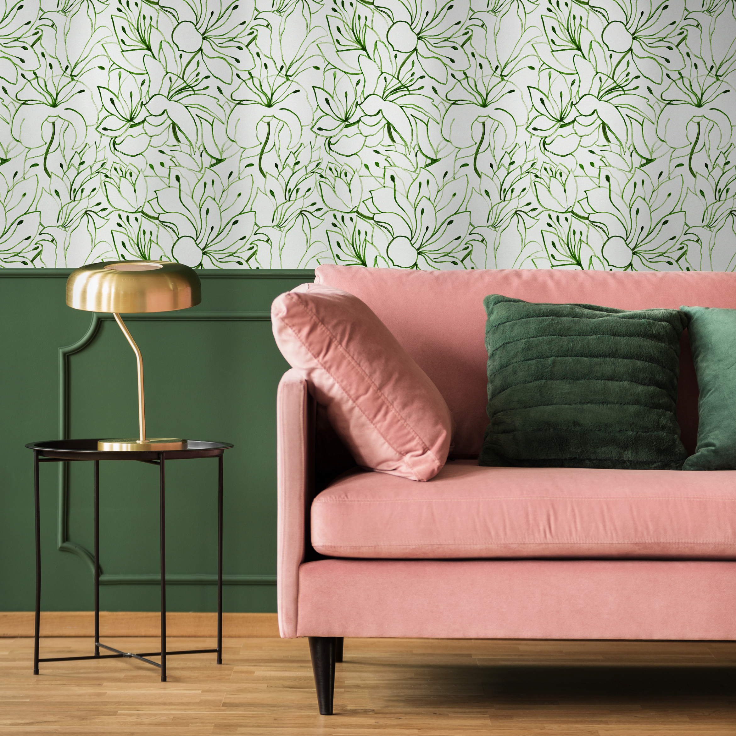 Floral Wallpaper With A Watercolor Lily Line Art Motif In Green - C852