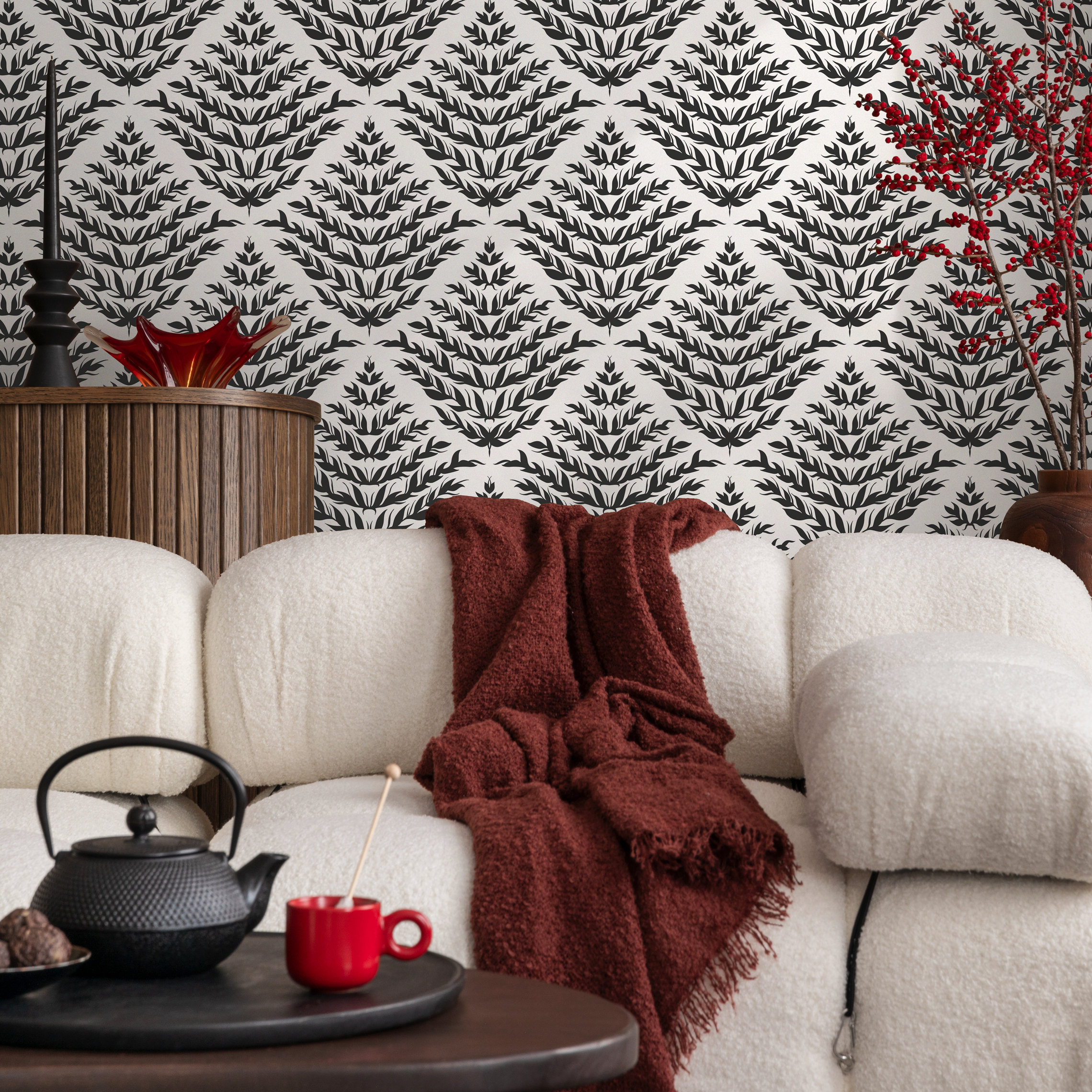 Botanical Wallpaper With A Geometric Leaf Motif In Black And White - C856