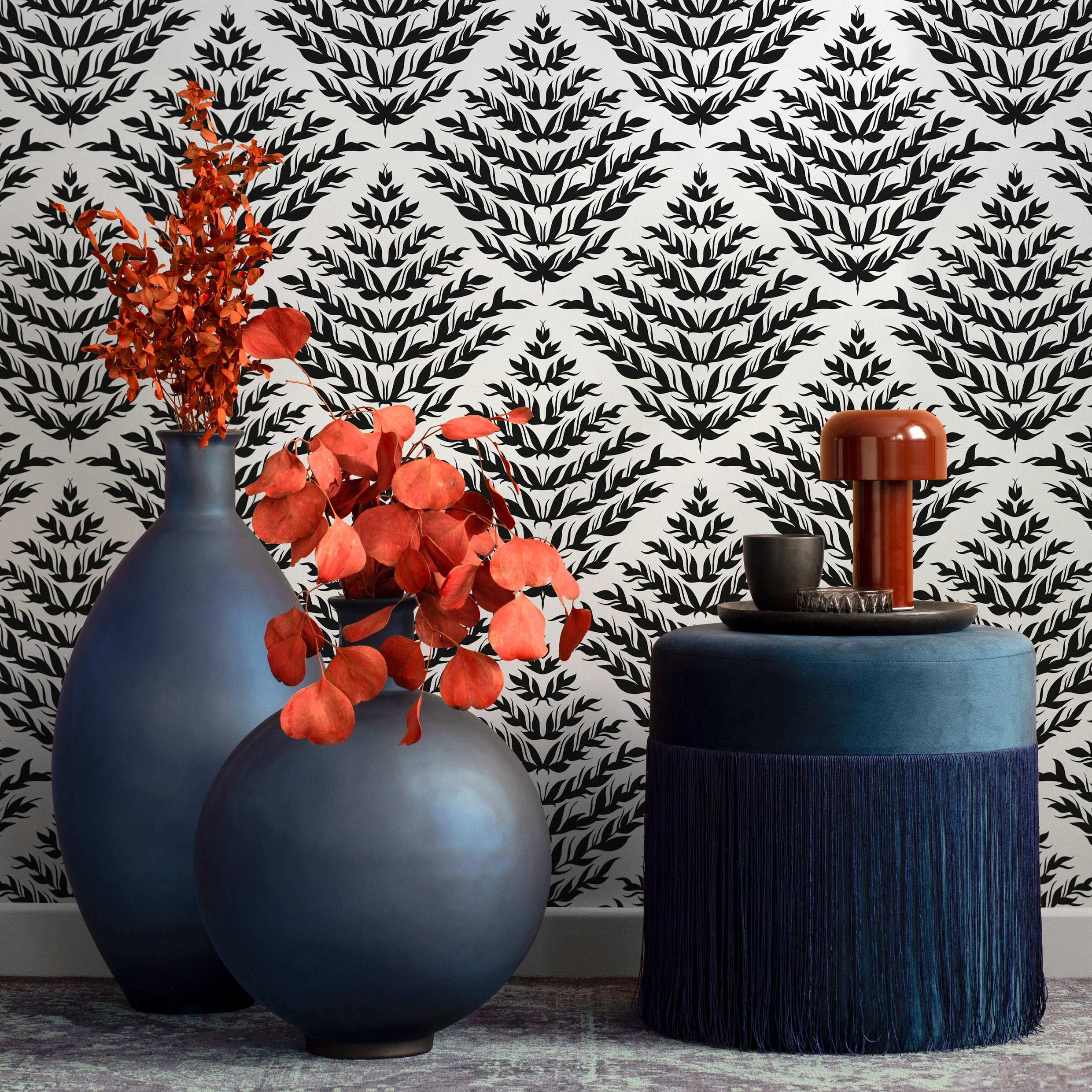 Botanical Wallpaper With A Geometric Leaf Motif In Black And White - C856