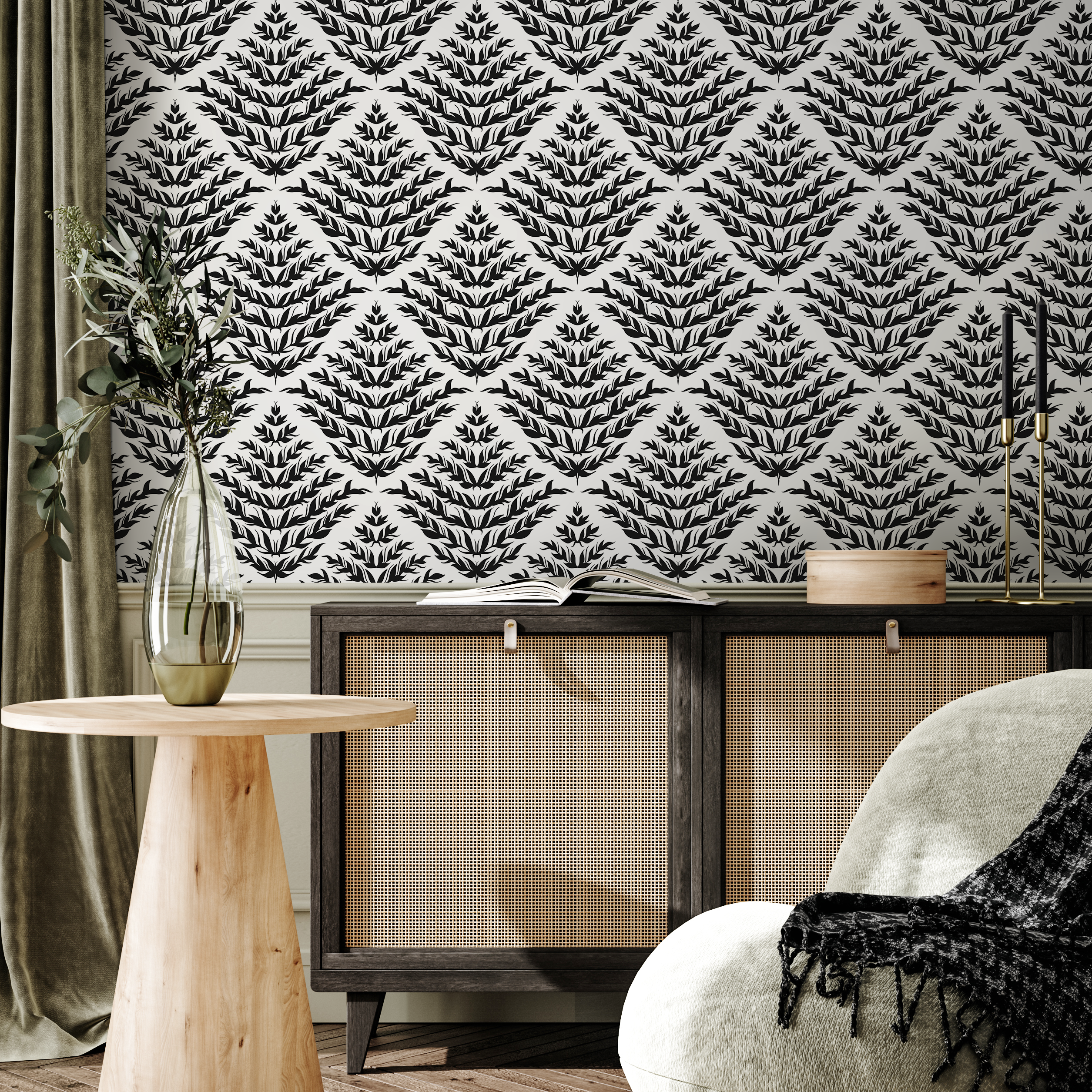 Botanical Wallpaper With A Geometric Leaf Motif In Black And White - C856