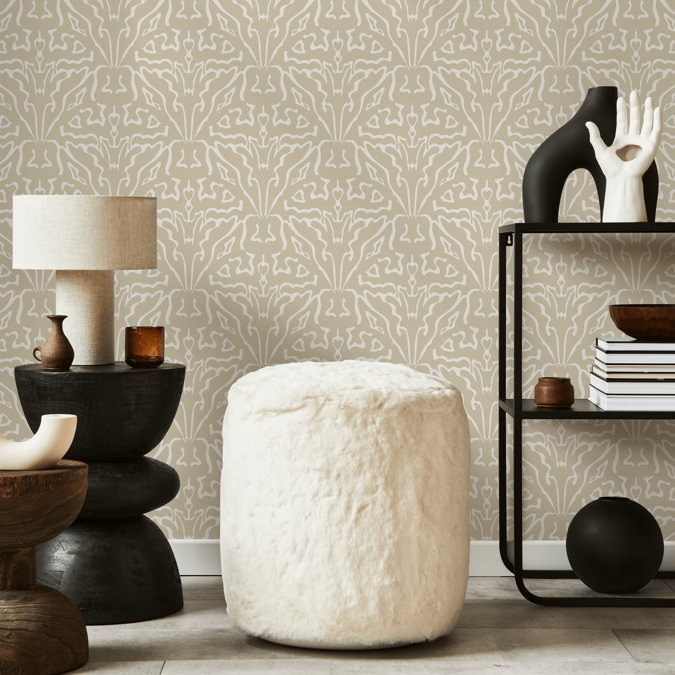 Art Nouveau Wallpaper With A Stylized Symmetrical Motif In Beige And Cream - C858