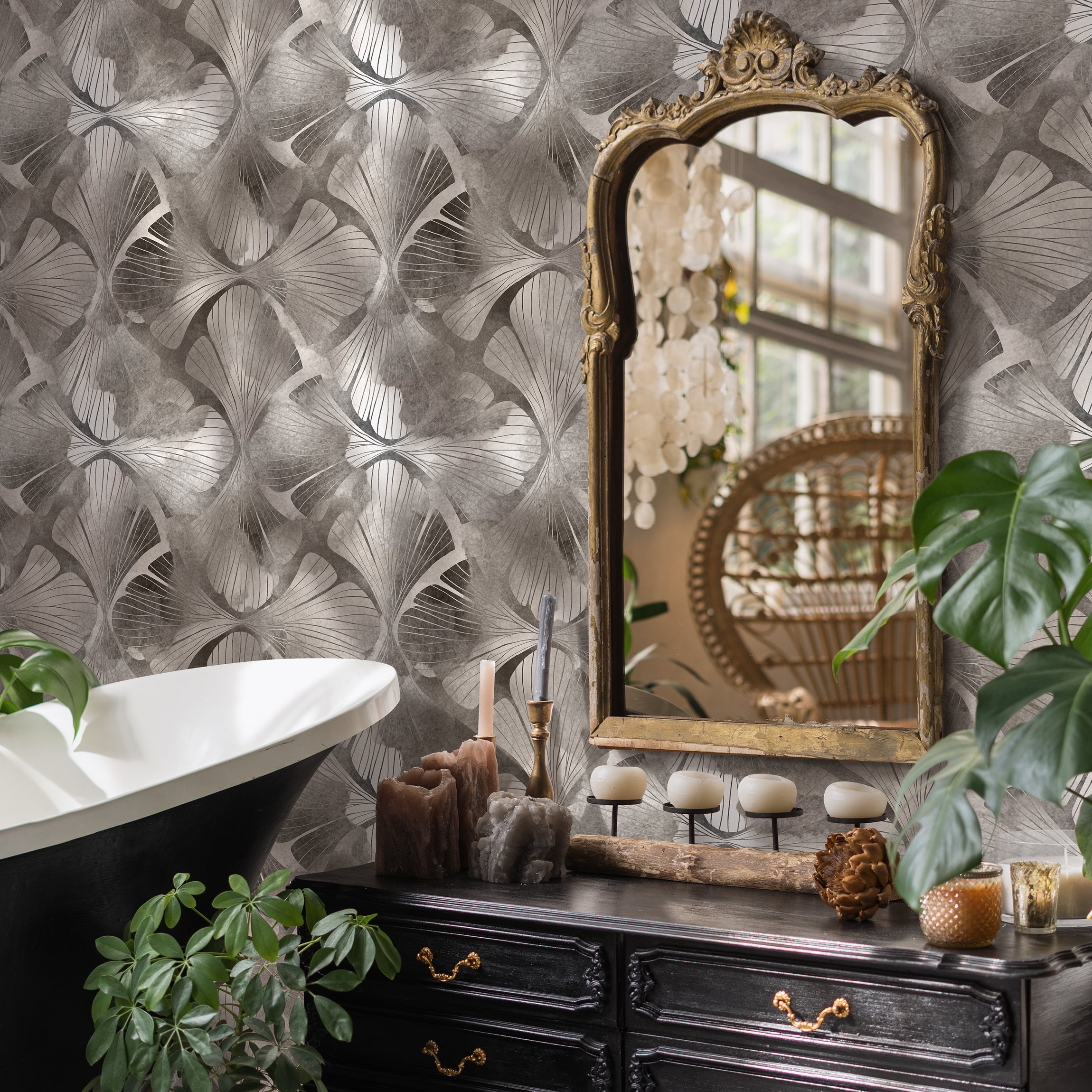 Botanical Wallpaper With Art Deco Ginkgo Leaves In Gray And Taupe - C865