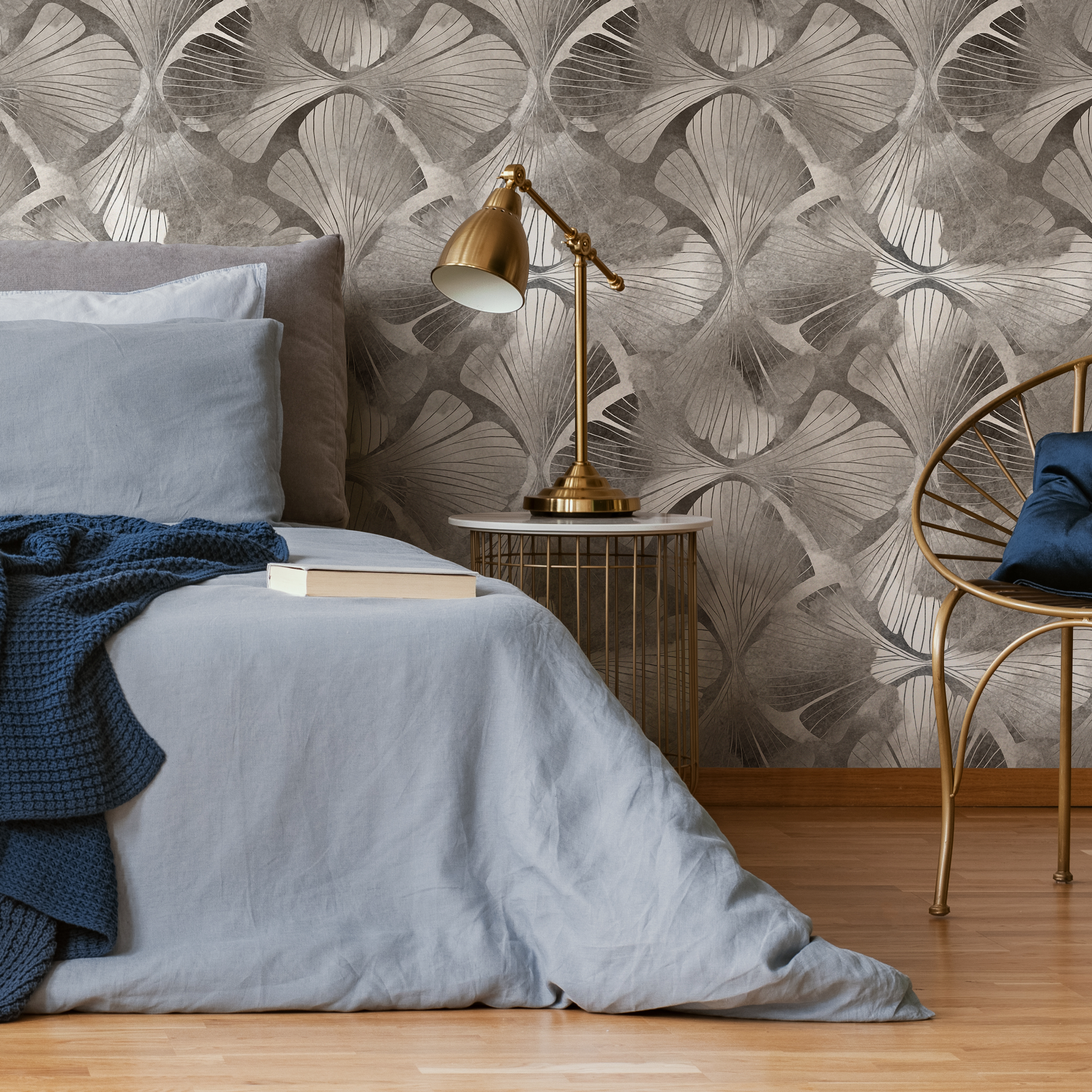 Botanical Wallpaper With Art Deco Ginkgo Leaves In Gray And Taupe - C865