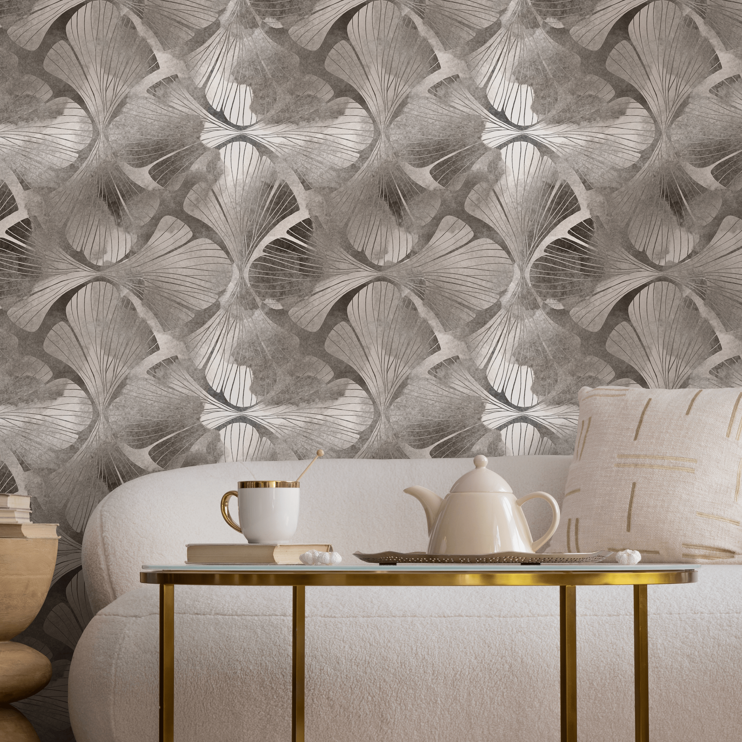 Botanical Wallpaper With Art Deco Ginkgo Leaves In Gray And Taupe - C865