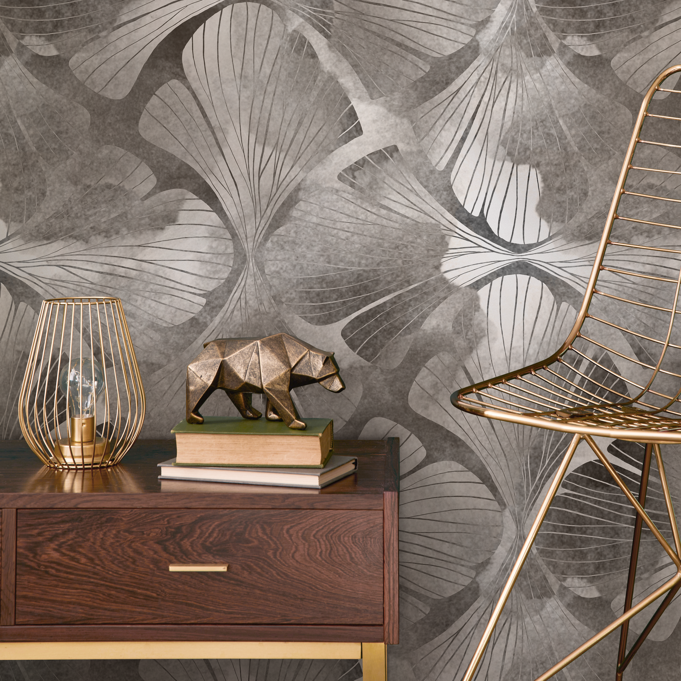 Botanical Wallpaper With Art Deco Ginkgo Leaves In Gray And Taupe - C865