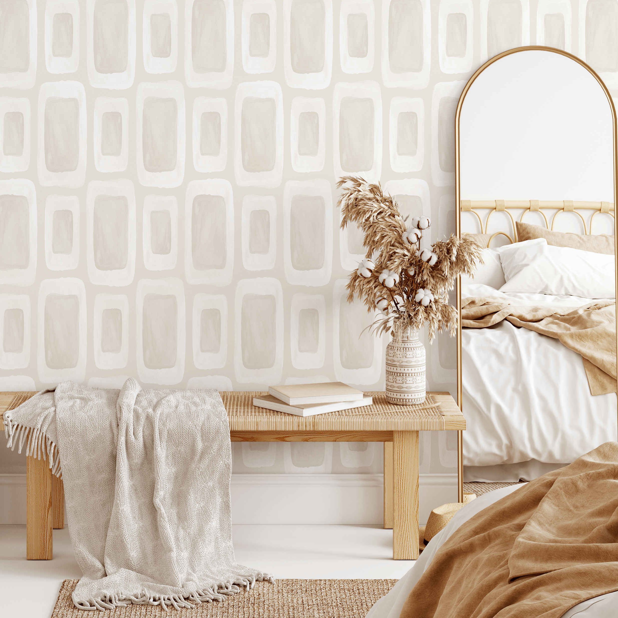 Geometric Wallpaper With Hand-painted Rectangles In Beige And Off-white - C866