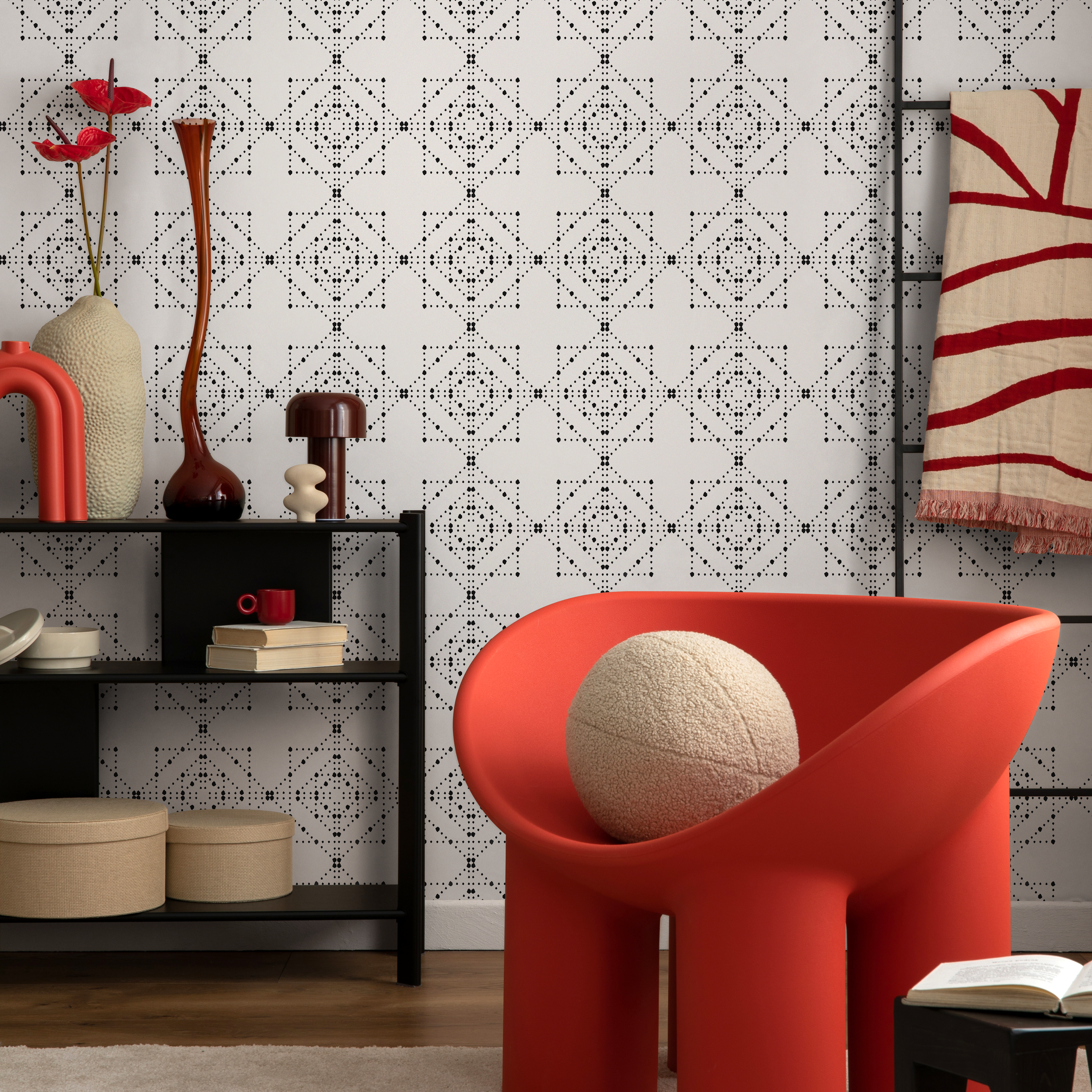 Geometric Wallpaper With A Dotted Tile Motif In Black And White - C867