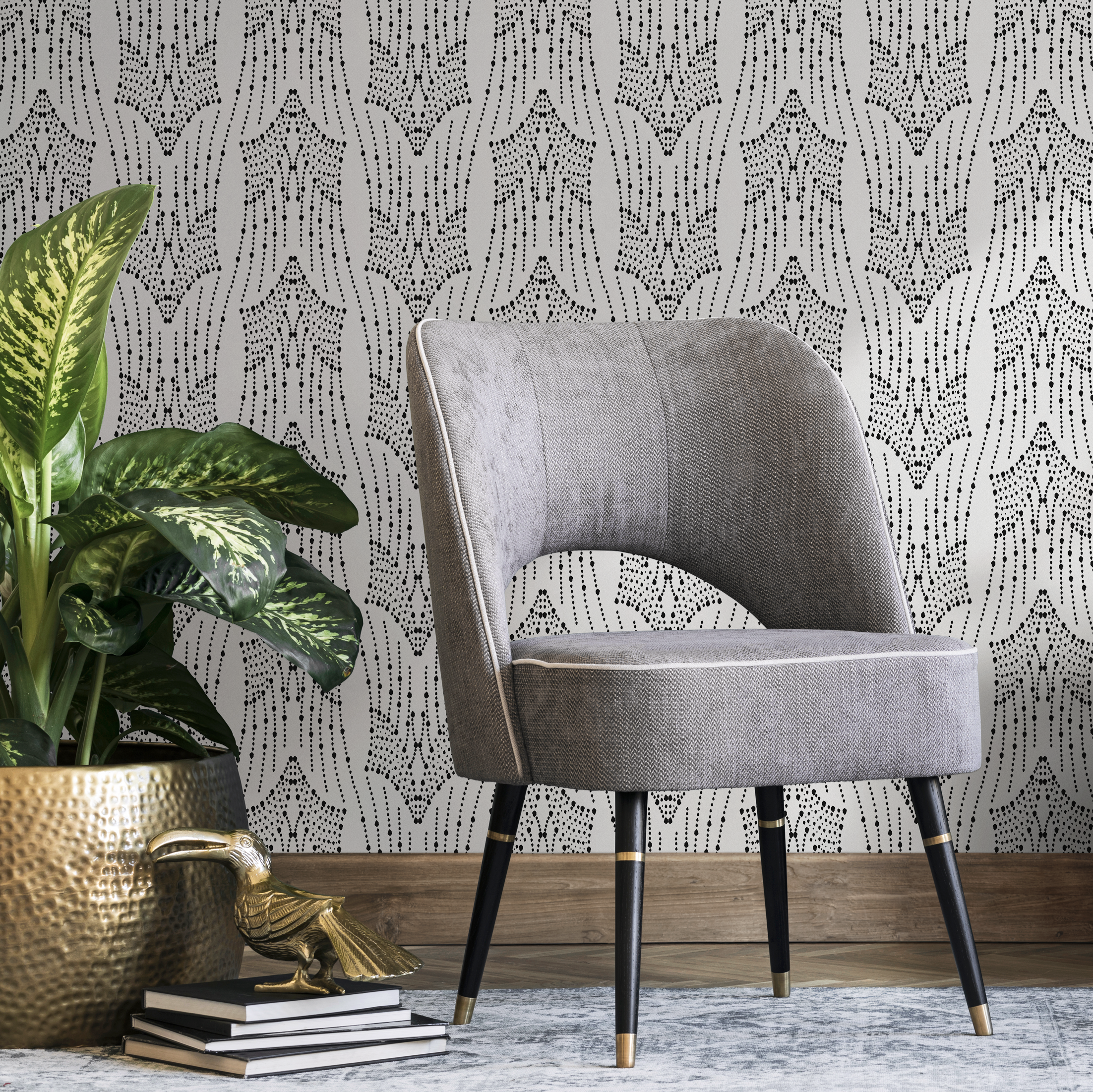 Art Deco Wallpaper With A Symmetrical Dotted Motif In Black And White - C868
